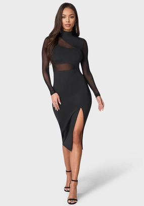 Mesh Inset Long Sleeve Midi Dress Chilly Weather Comfort