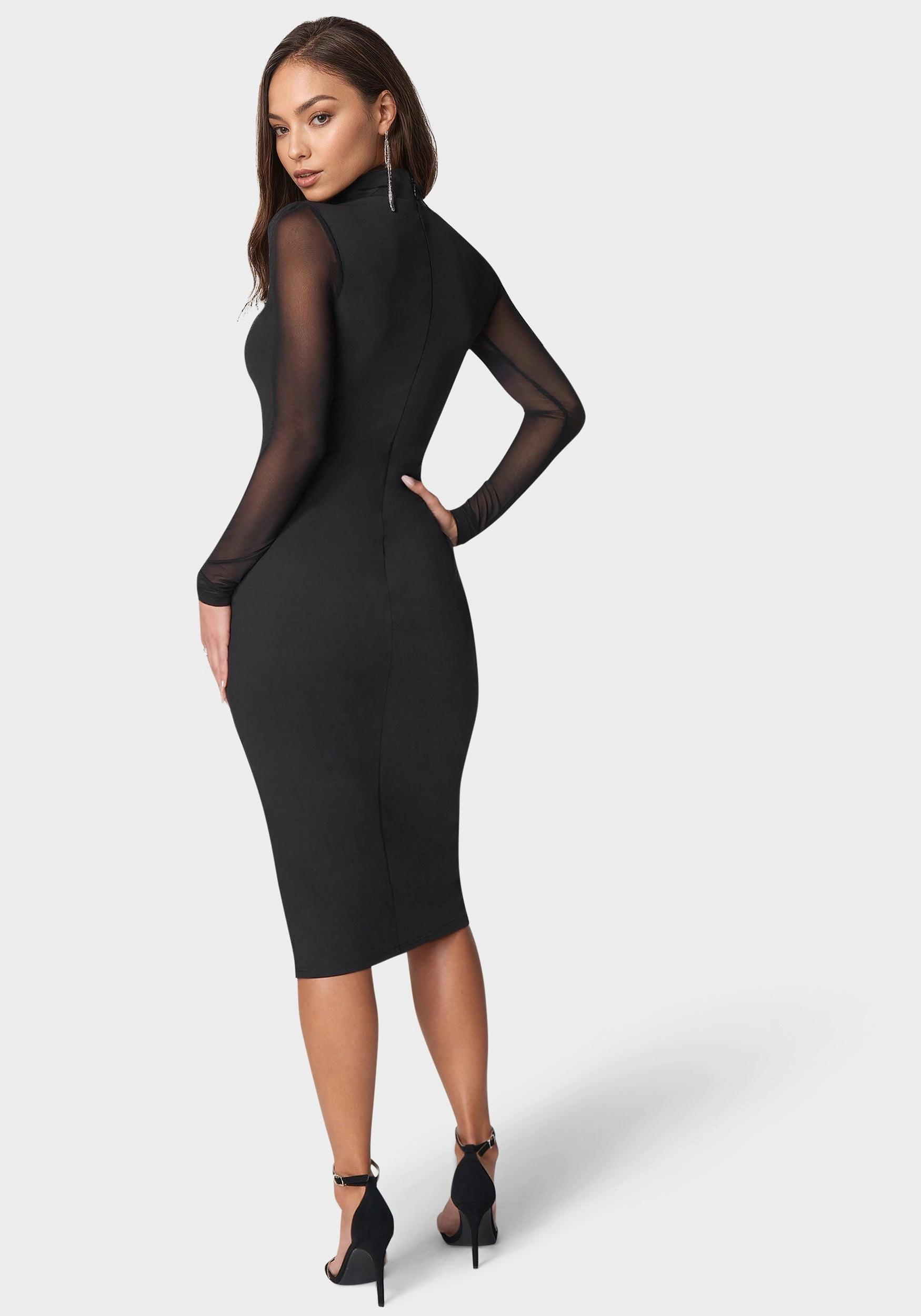 Mesh Inset Long Sleeve Midi Dress Mood Look Front Ruffle