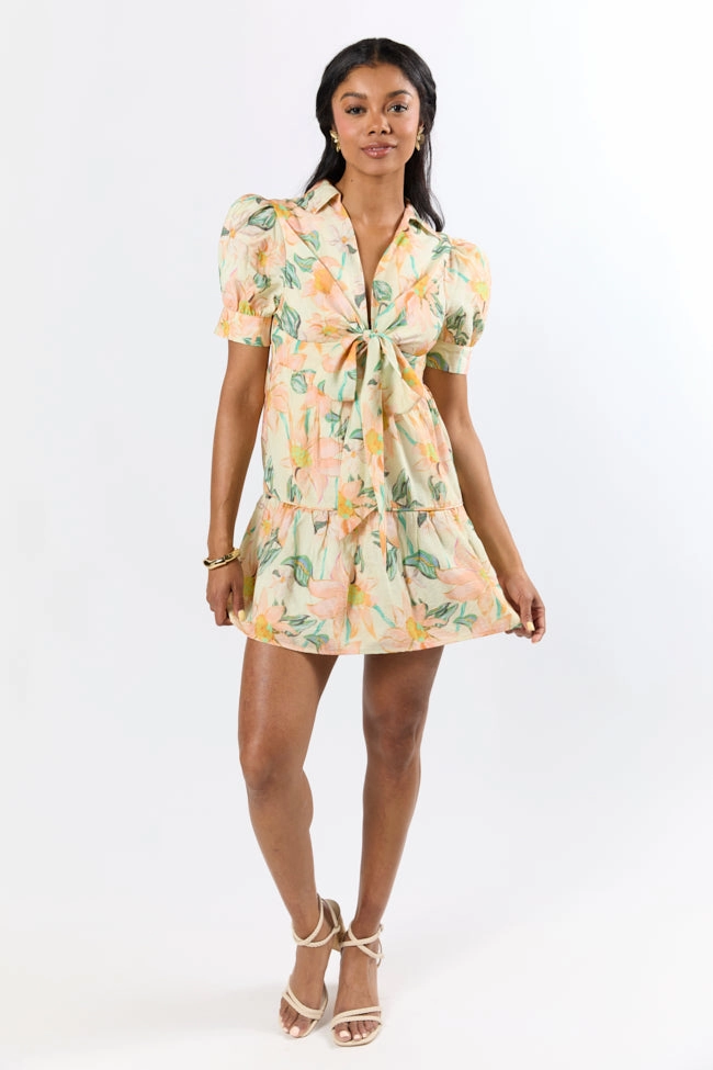 Flattering Style Fit Button-front Off The Vine Multi Floral Print Front Tie Shirt Dress FINAL SALE