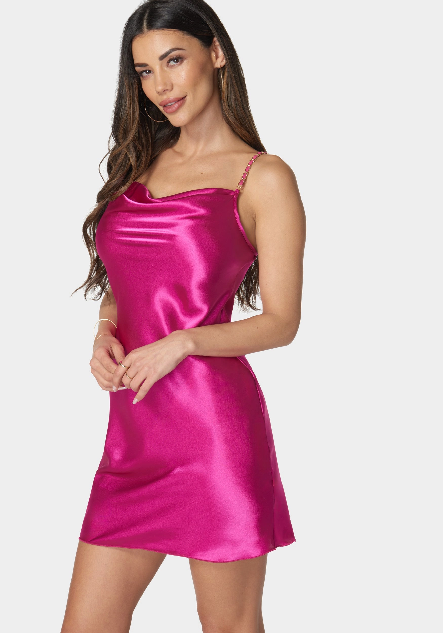 Chain-Detail Solid Satin Cowl Neck Dress