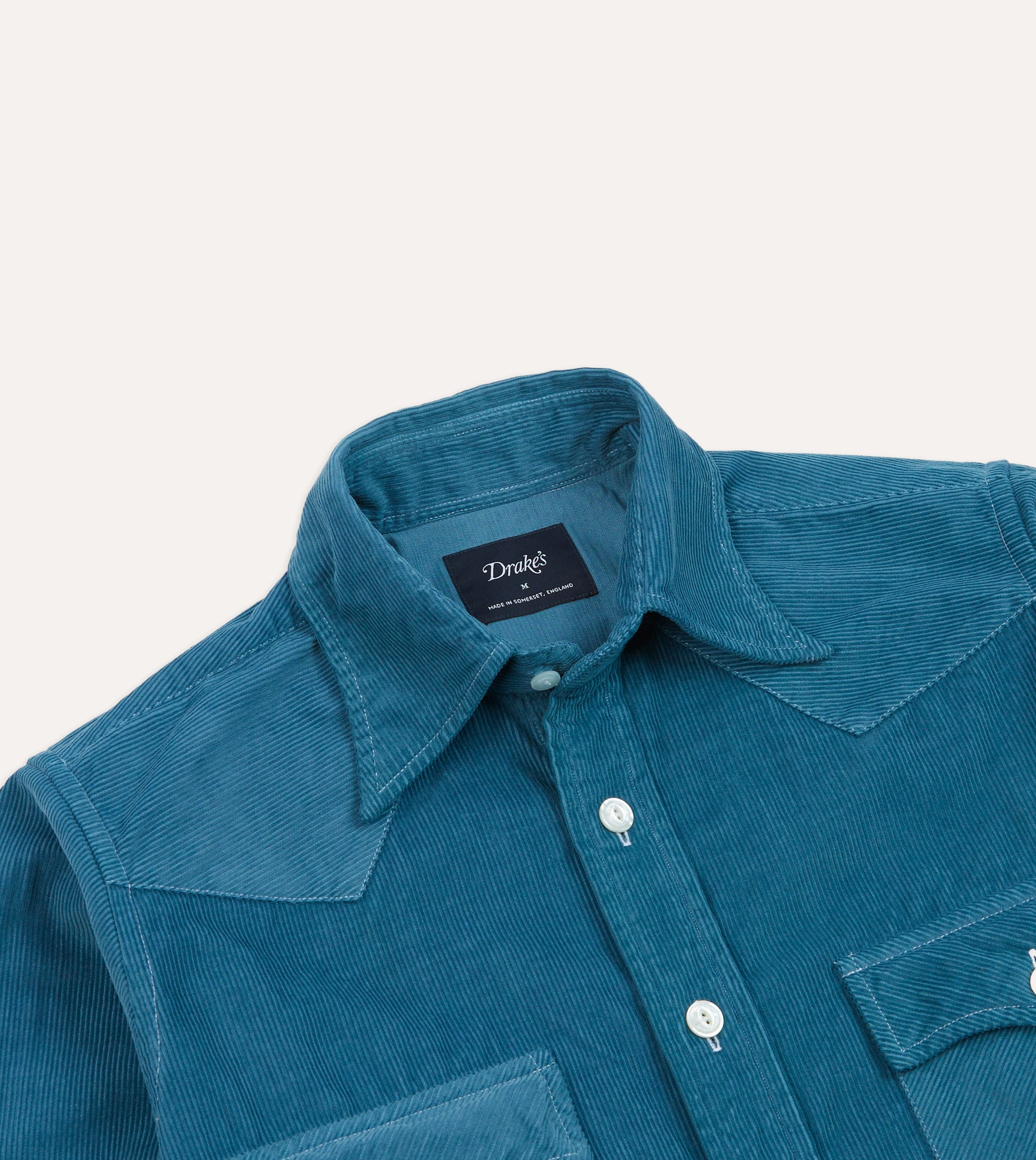 Hypoallergenic Lining Button-up Turquoise Corduroy Two-Pocket Western Shirt