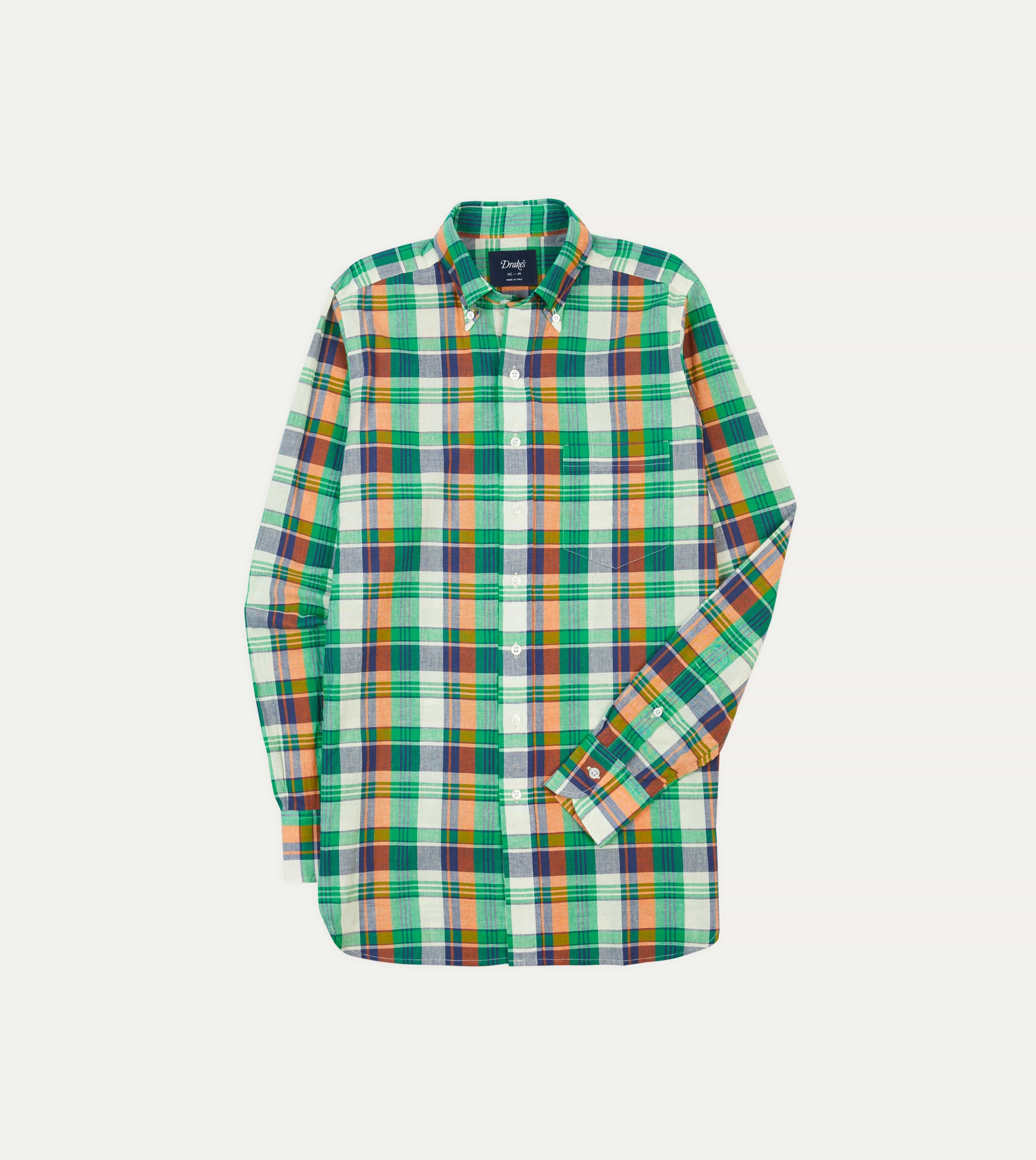 Relaxed Silhouette Green and Orange Madras Check Cotton Button-Down Shirt