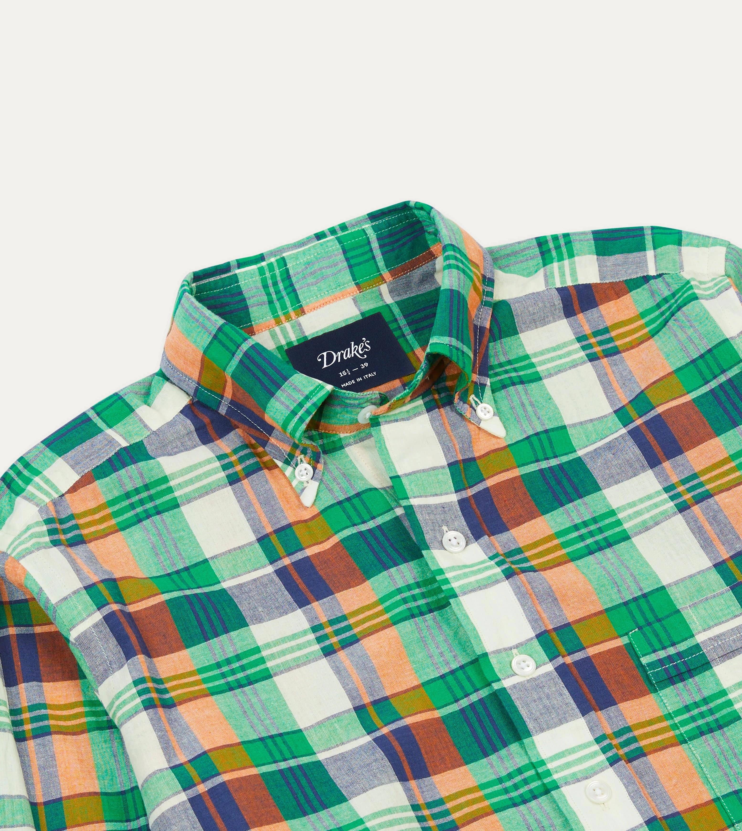 Green and Orange Madras Check Cotton Button-Down Shirt Odorless Binding Tape