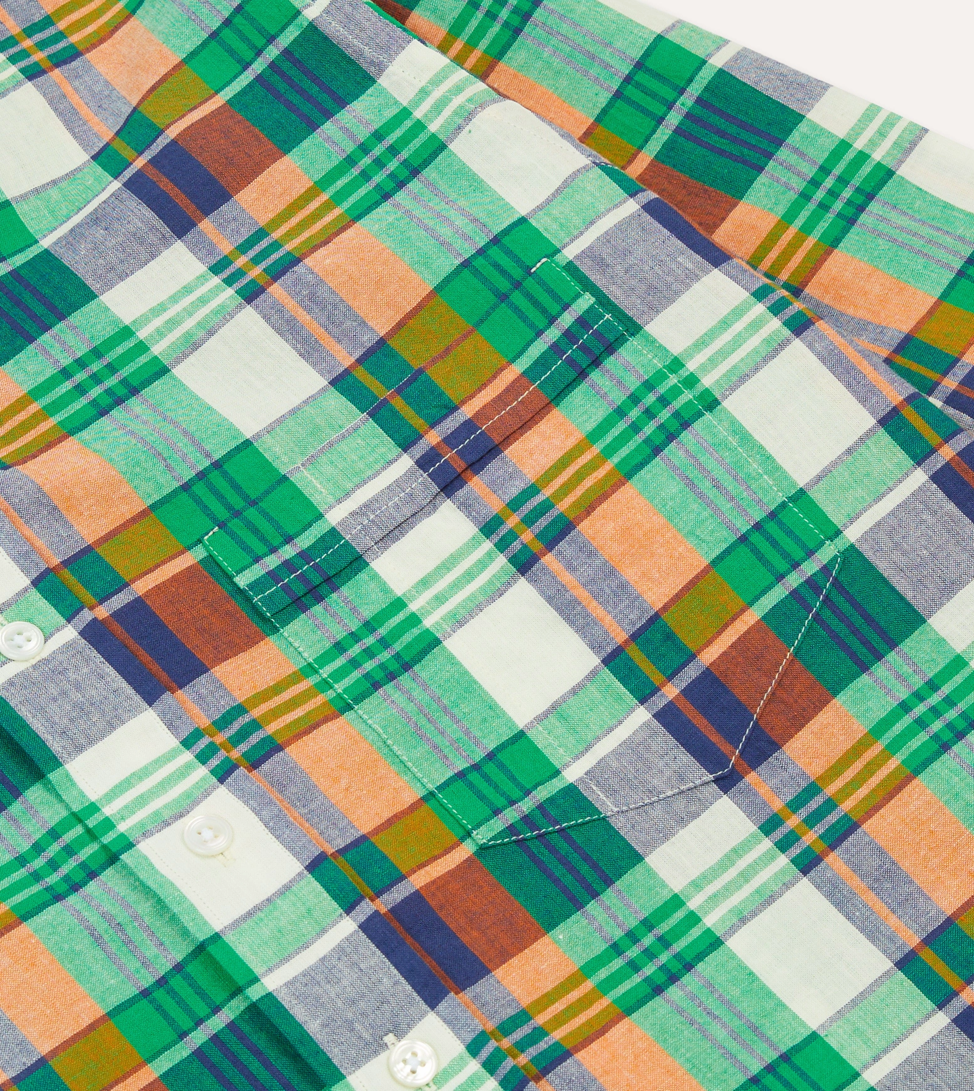 Green and Orange Madras Check Cotton Button-Down Shirt quick dry slim cut