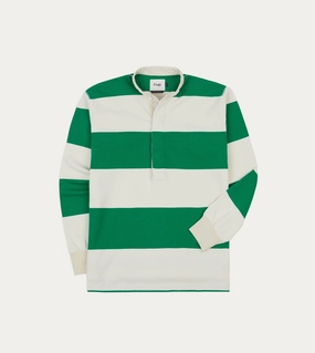 Trendsetter Choice Seamless Sides Green and White Stripe Cotton Mandarin Collar Rugby Shirt