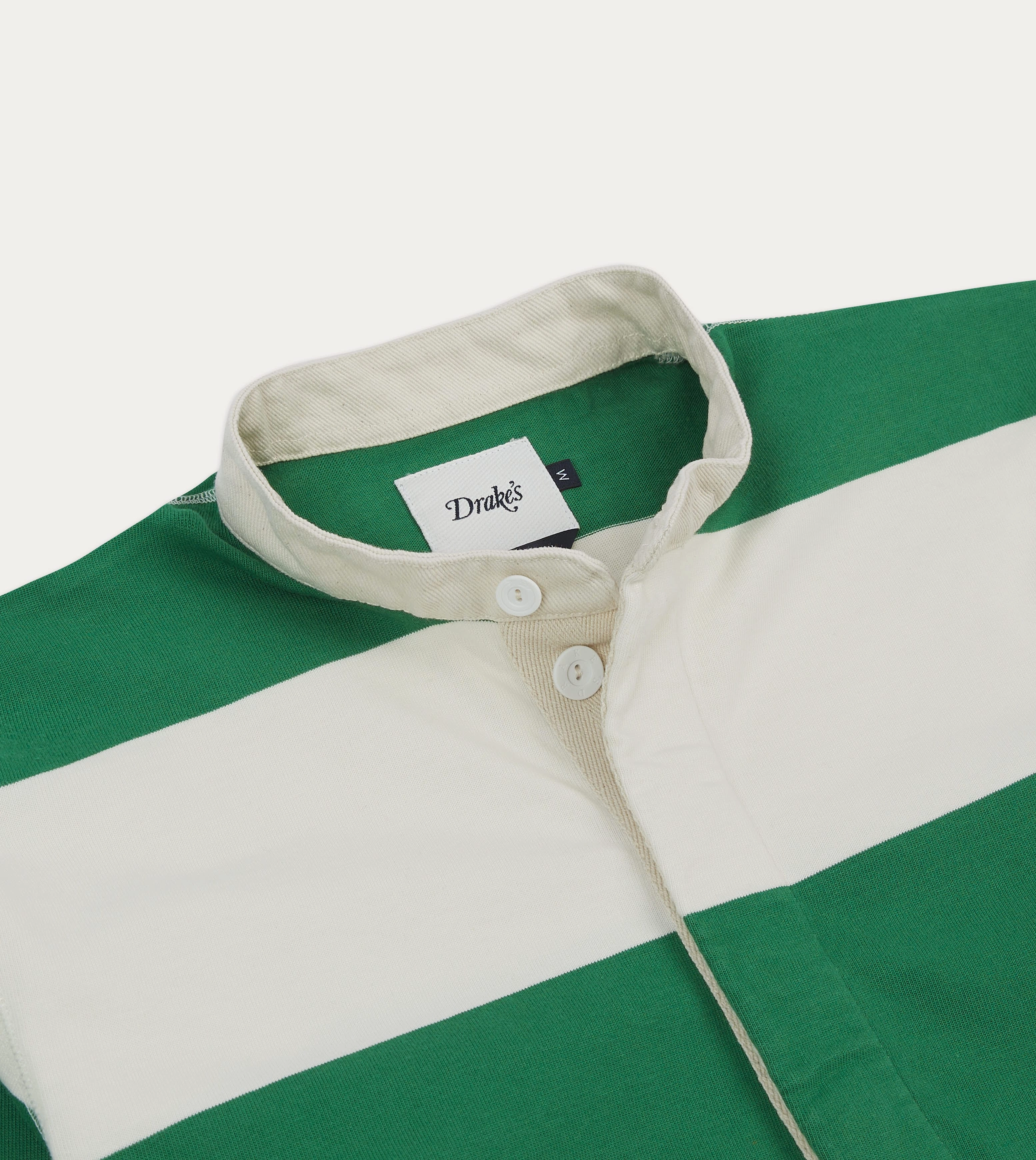 Green and White Stripe Cotton Mandarin Collar Rugby Shirt Hidden Button Placket Vibrant color