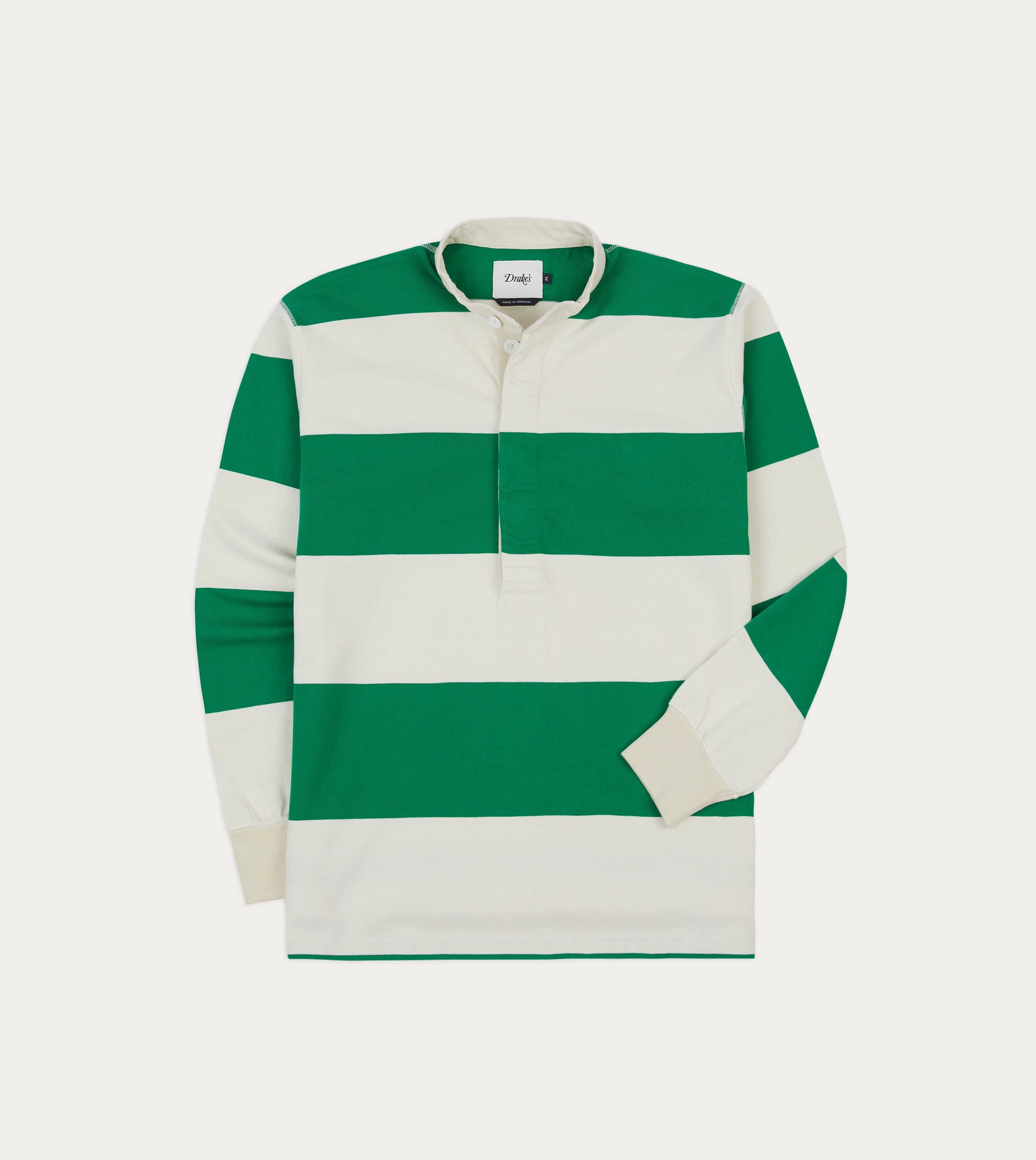 Trendsetter Choice Seamless Sides Green and White Stripe Cotton Mandarin Collar Rugby Shirt