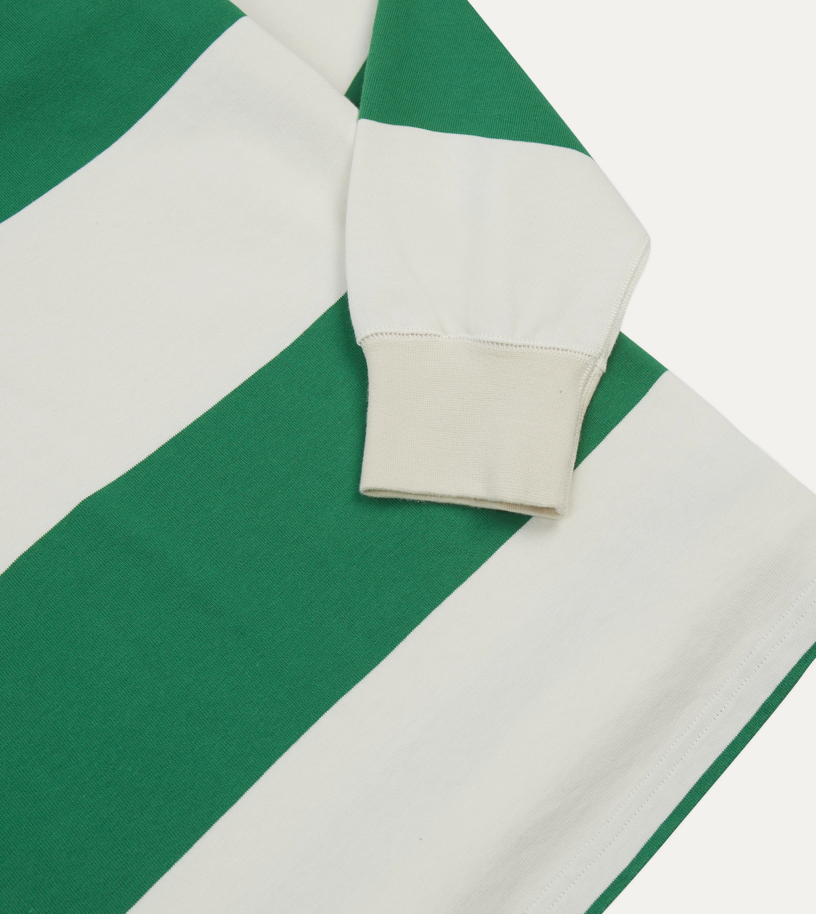 Green and White Stripe Cotton Mandarin Collar Rugby Shirt Performance Fabric Neutral Toned Stitching