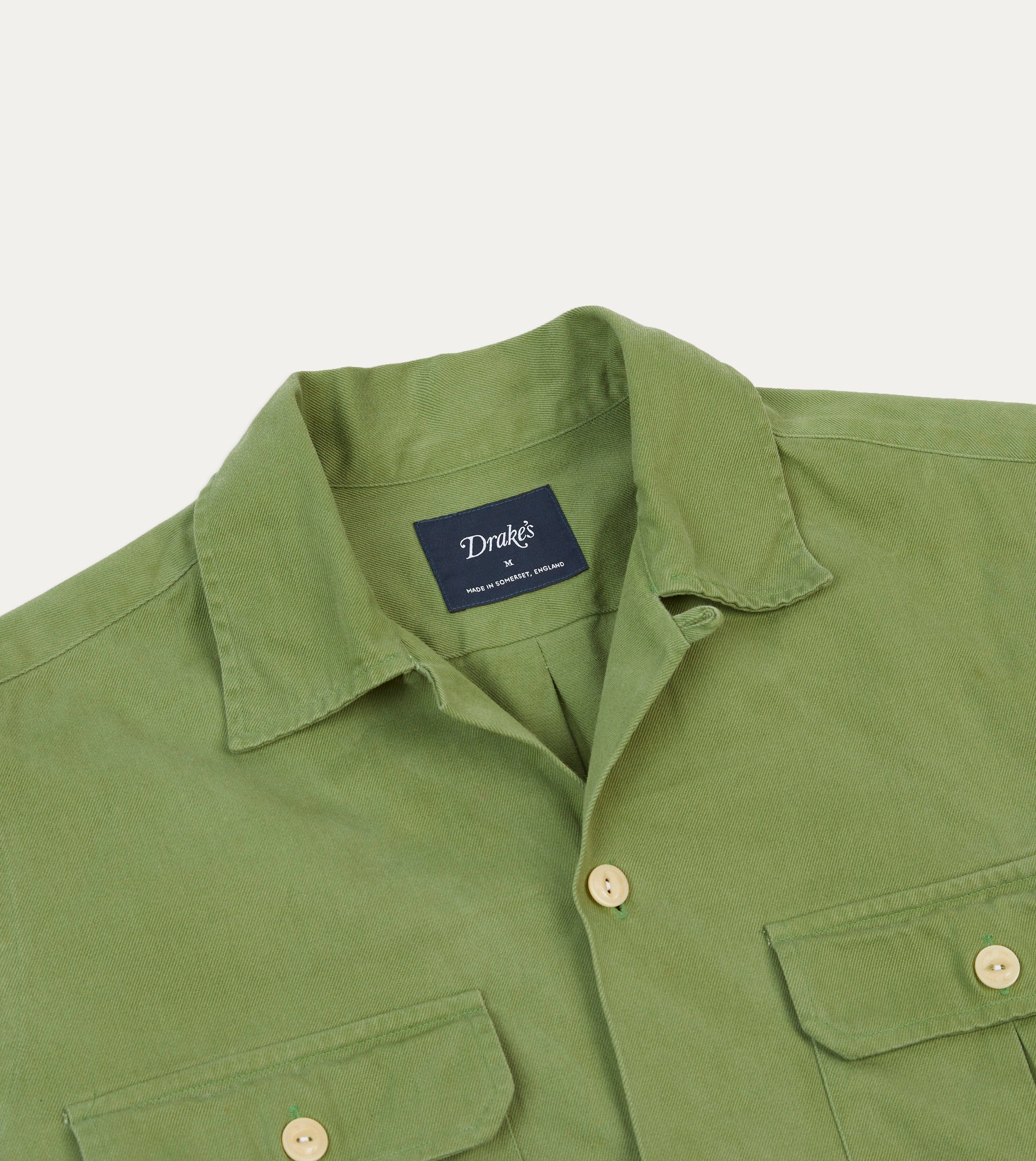 Fitted Silhouette Soft Collar Design Green Brushed Cotton Twill Camp Collar Long Sleeve Shirt