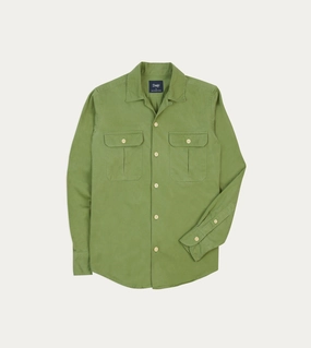 Smooth Finish Stylish Element Green Brushed Cotton Twill Camp Collar Long Sleeve Shirt
