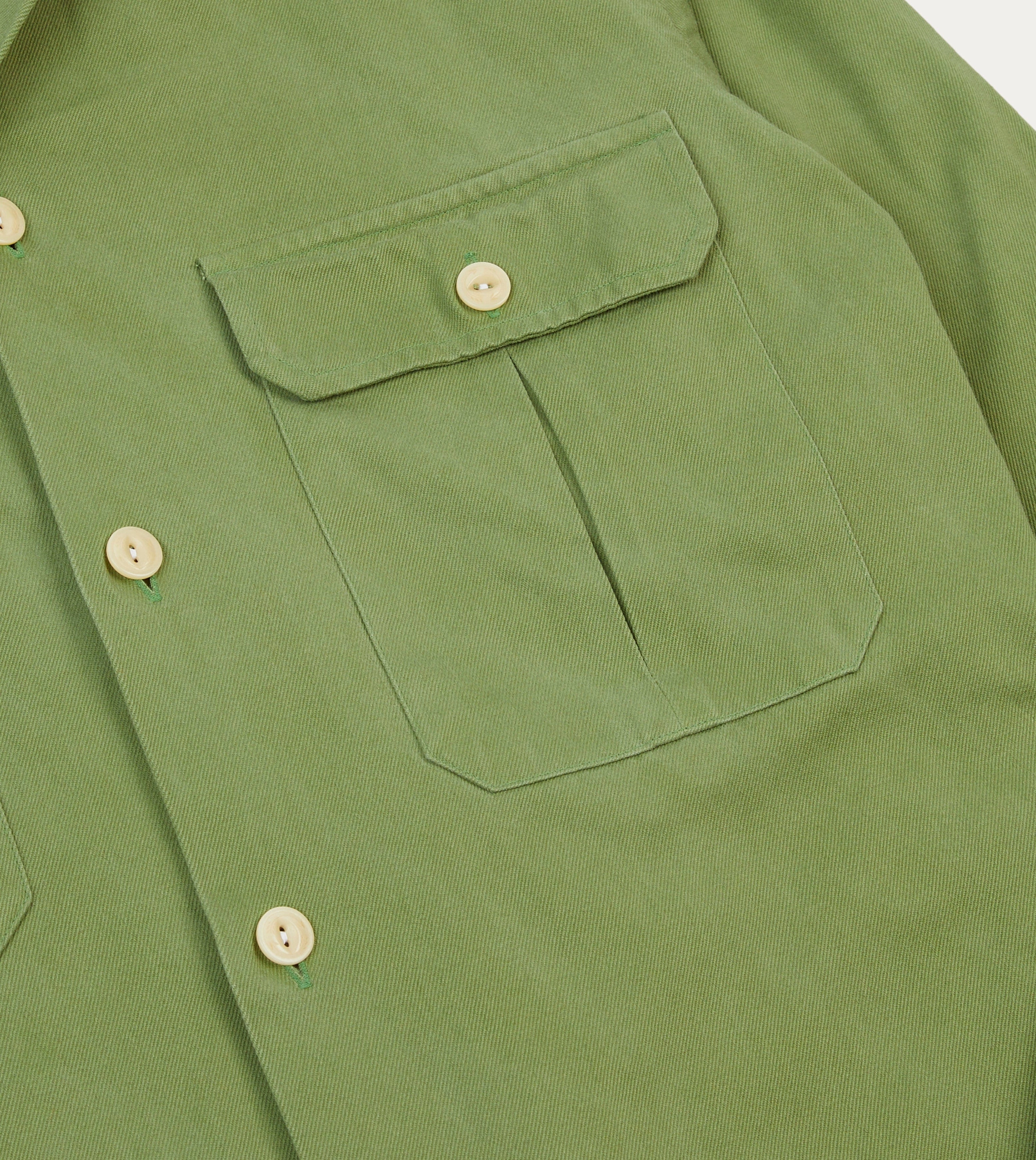Reinforced Hems EasyCare Fabric Green Brushed Cotton Twill Camp Collar Long Sleeve Shirt