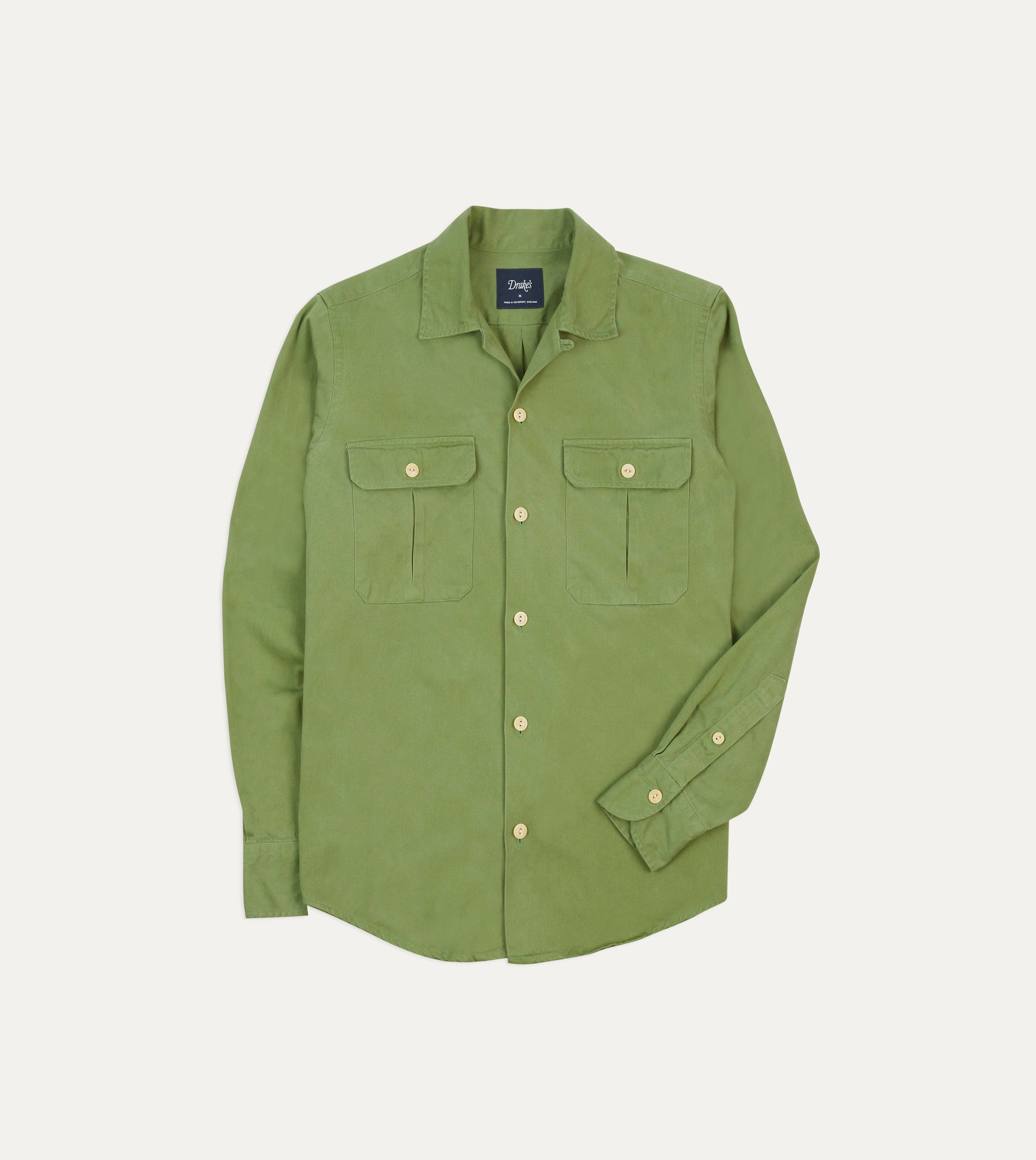 Smooth Finish Stylish Element Green Brushed Cotton Twill Camp Collar Long Sleeve Shirt