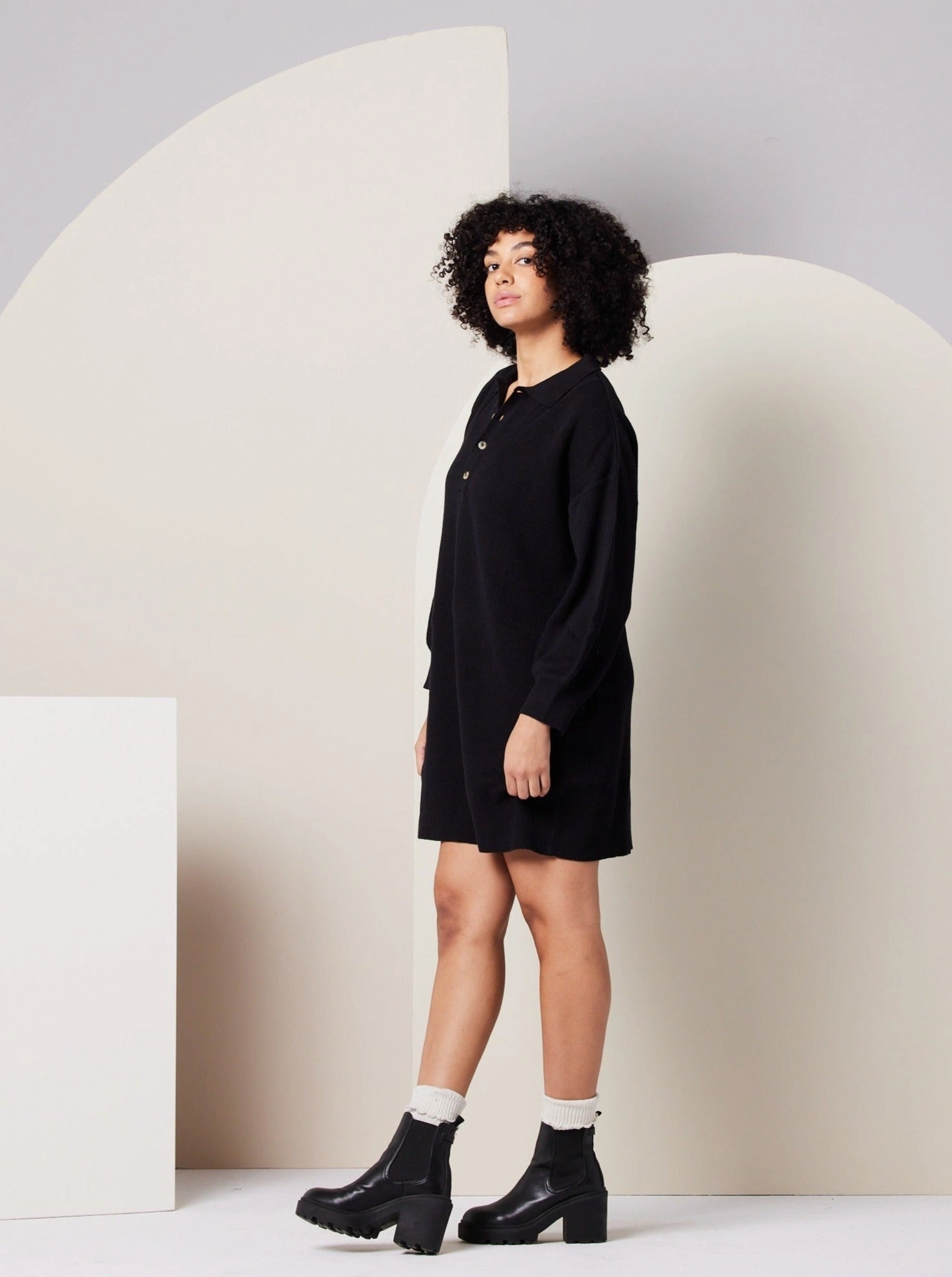 Soft Fabric High-Neck Griffin Sweater Dress - Black