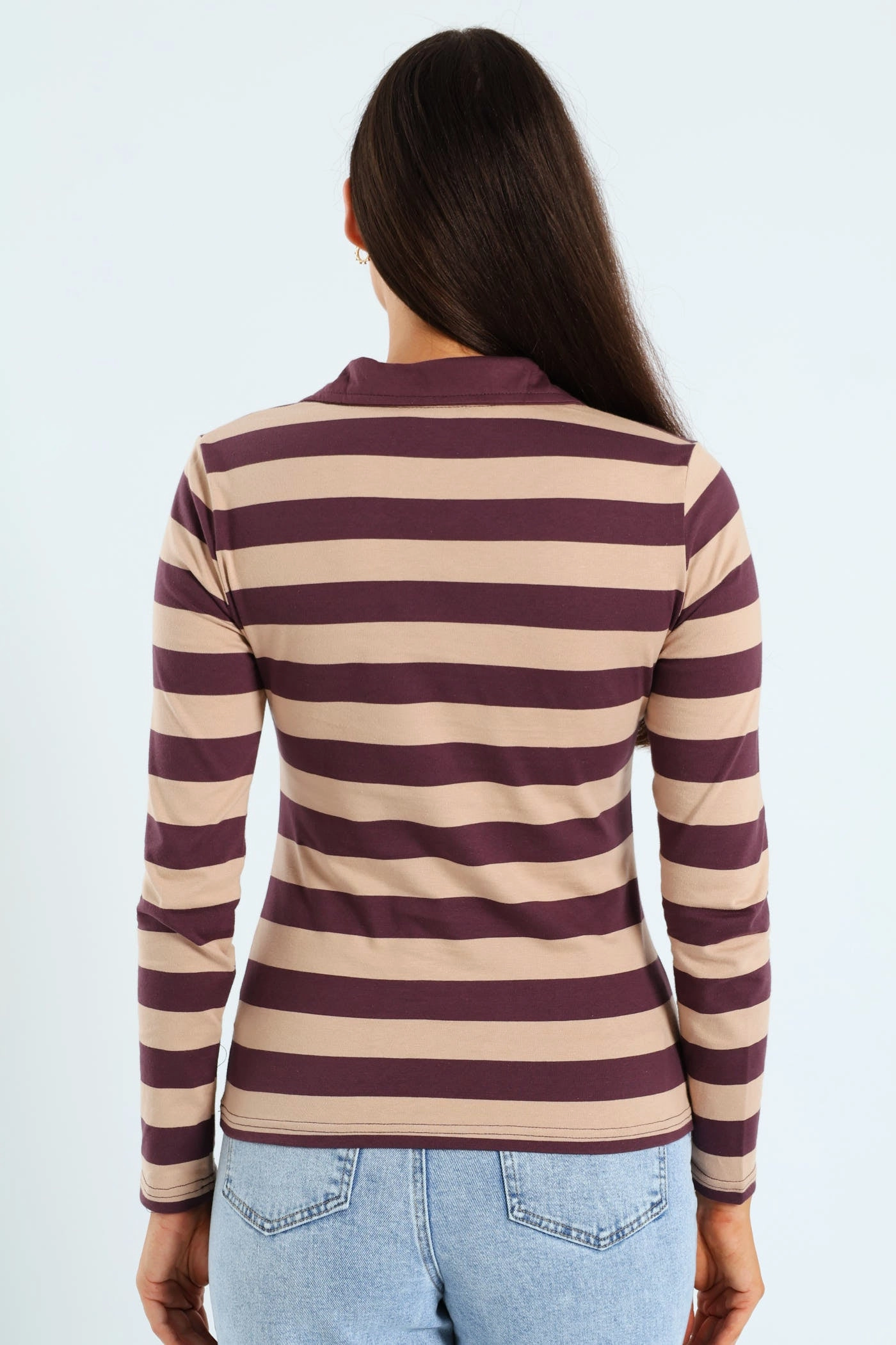 Half Placket Collared Stripe Rugby Top - Burgundy/Brown OEKOTEX Certified Fabric DoubleStitchedHem