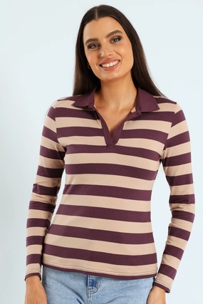 Half Placket Collared Stripe Rugby Top - Burgundy/Brown UVProtection BreathableFabricTech