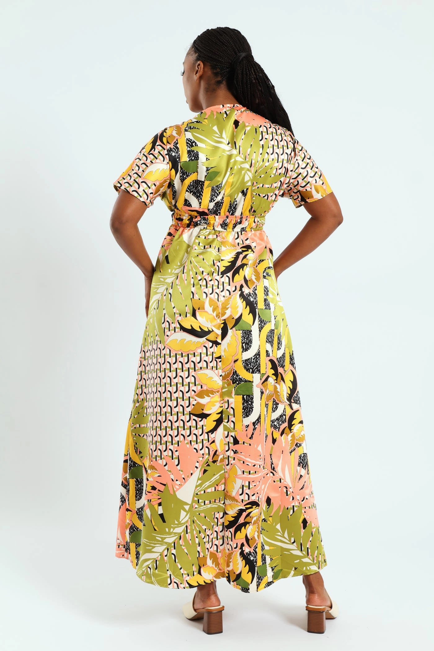Fit Choice Day-To-Night Wear Short Sleeve V-Neck Shirred Waist Printed Satin Maxi Dress - Multi