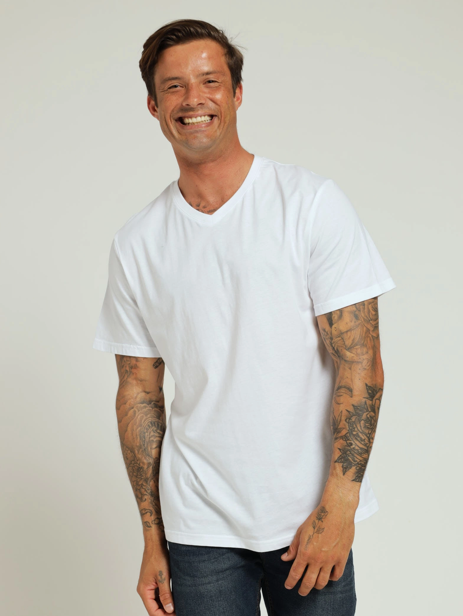 Basic V-Neck Tee - White Drop Shoulder Design