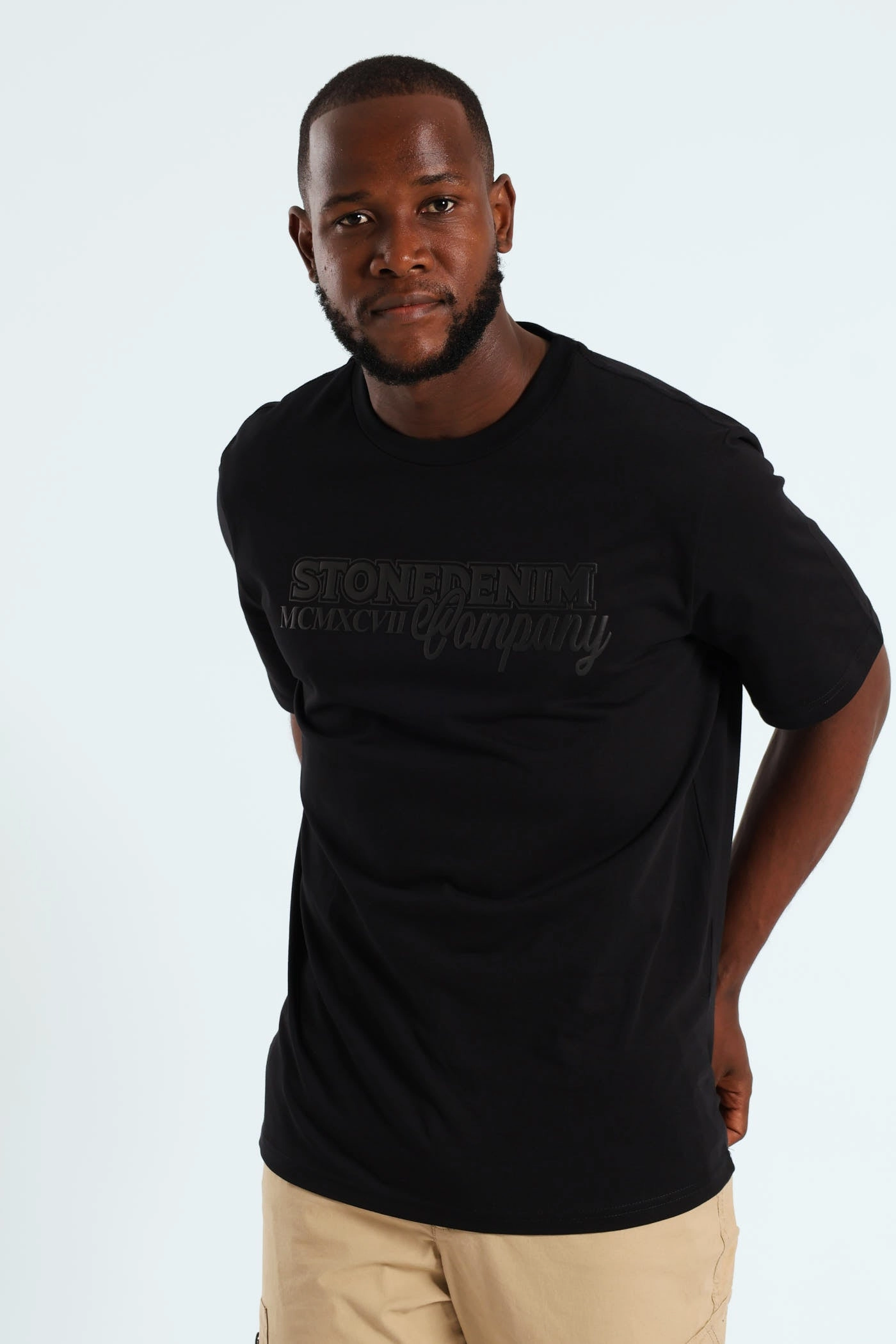 Heavyweight Stone Denim Co. Chest Print Tee - Black Stone Wash Process