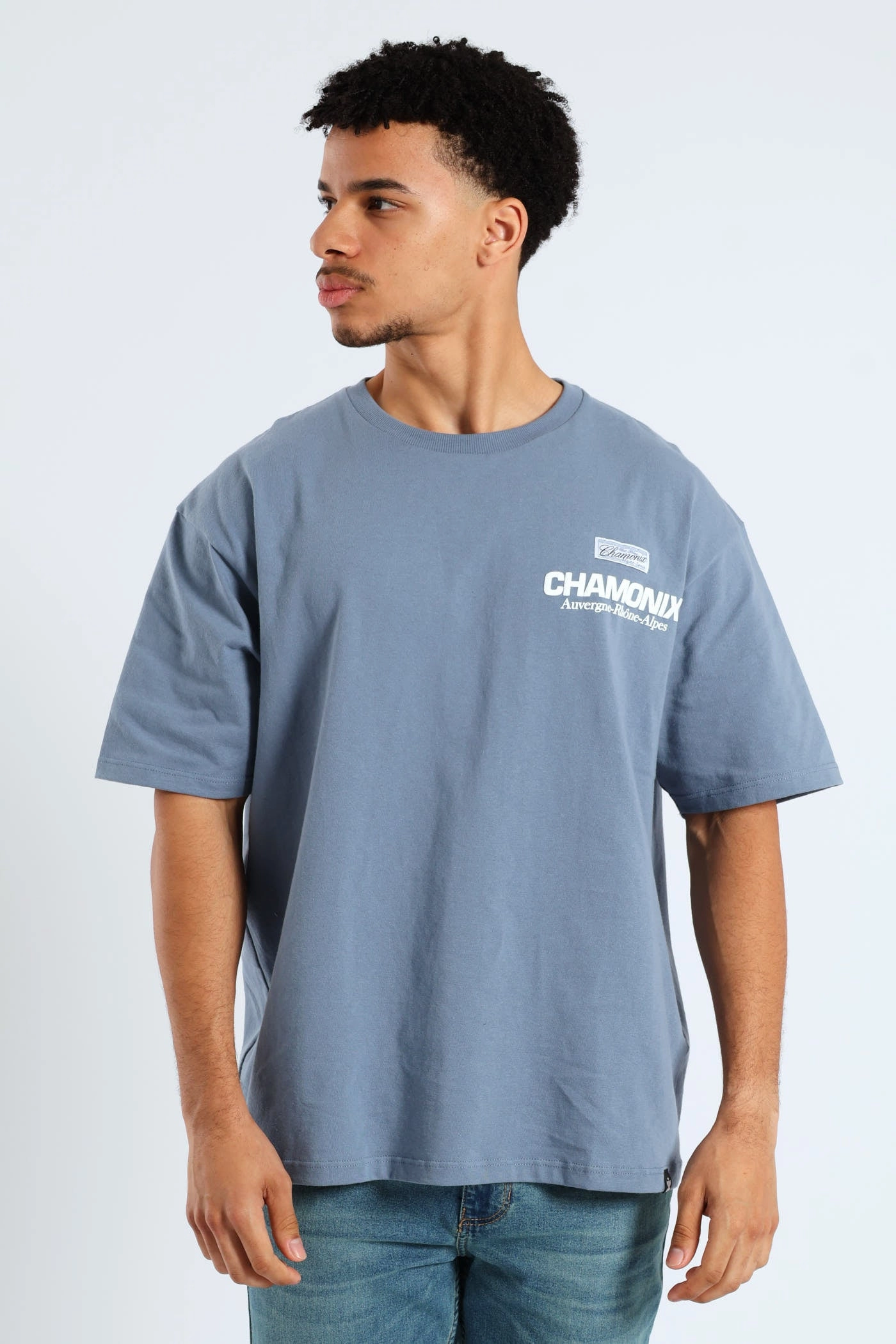 Chamonix Puff Print Oversized Tee - Steel Blue Casual Look Wear ColorfastFabricTech