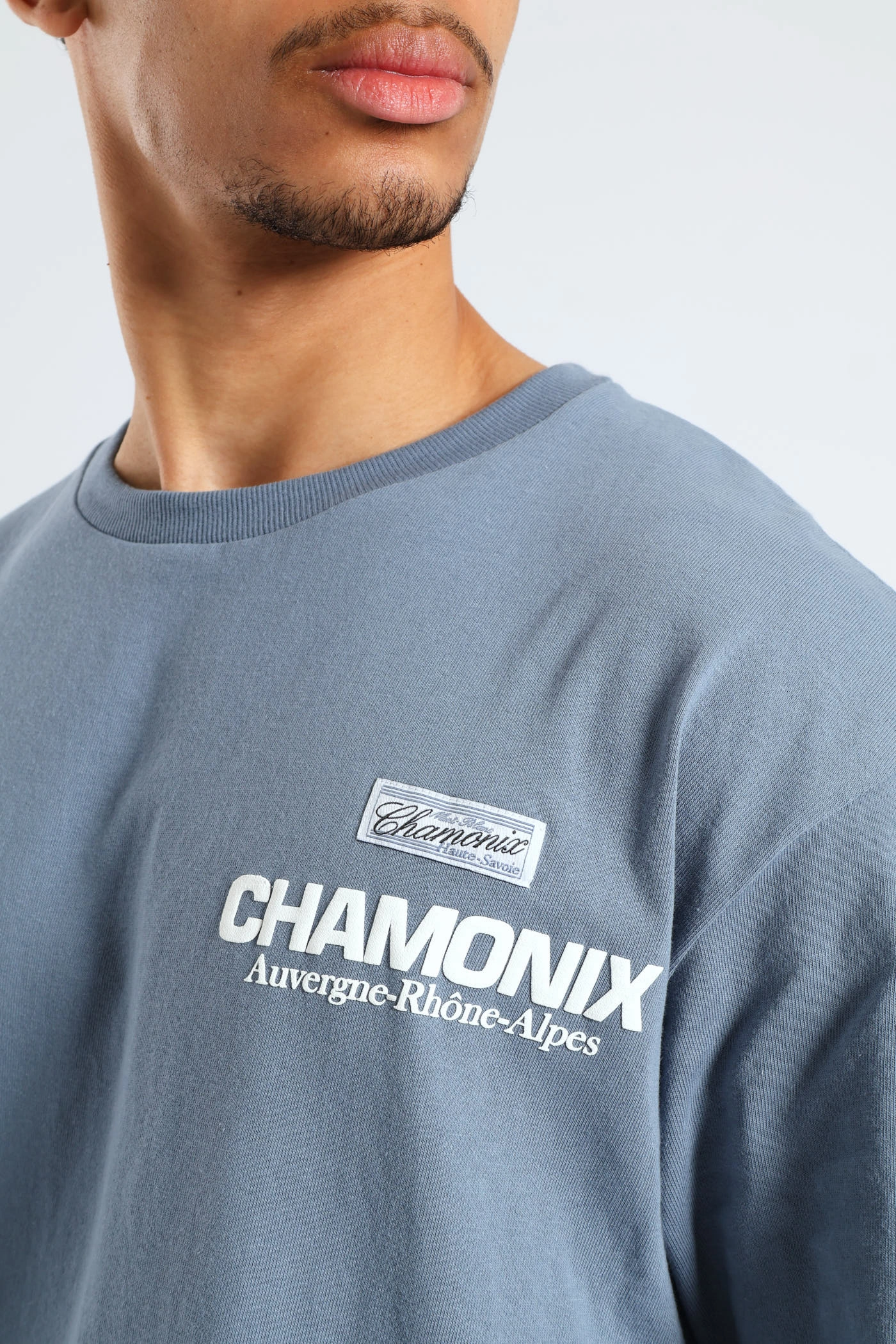 Quick Comfort Long Sleeve Chamonix Puff Print Oversized Tee - Steel Blue
