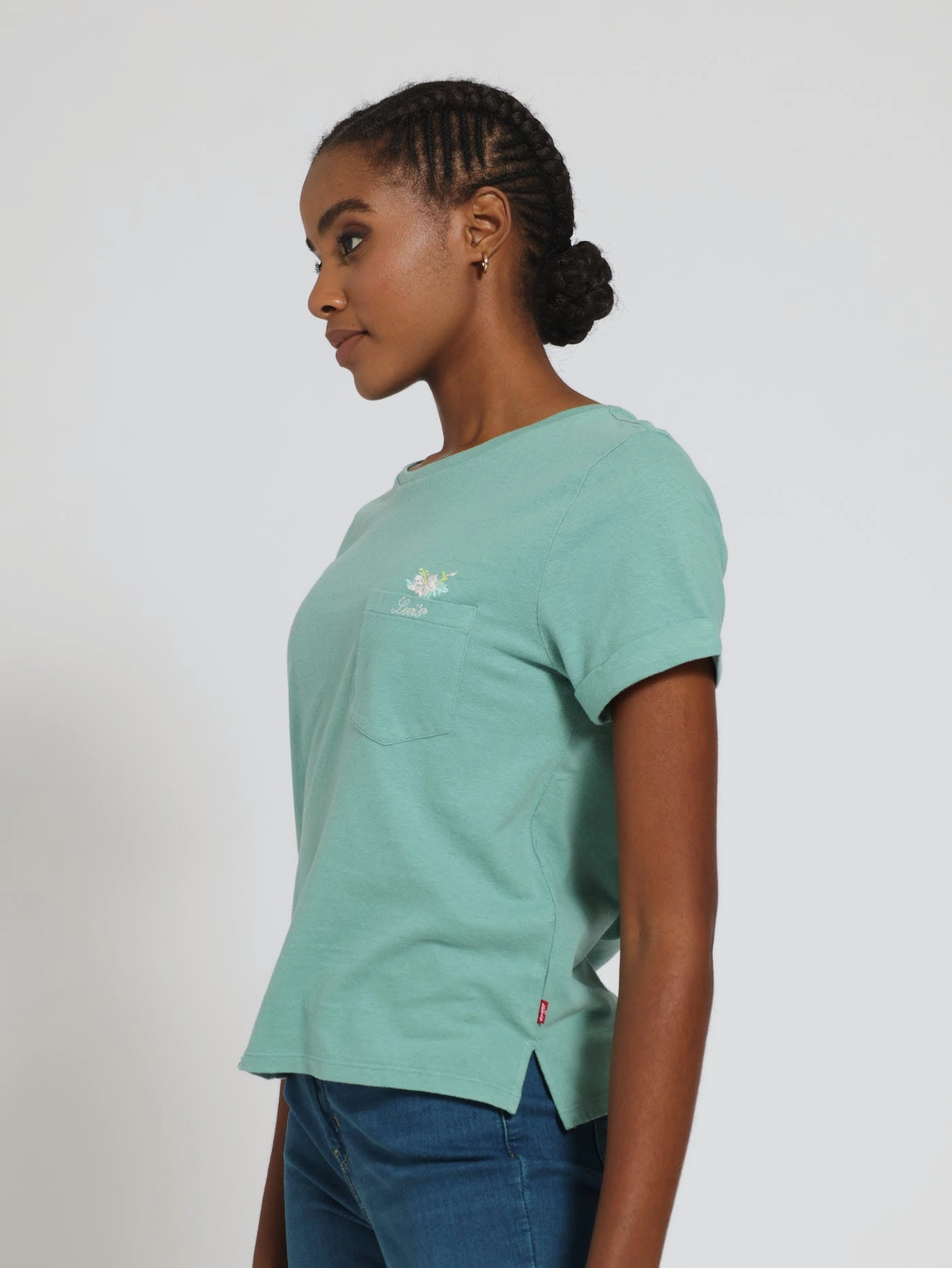 AllDay Comfort Design Soft Hoodie Hibiscus Peek Beryl Margot Pocket Tee  - Teal