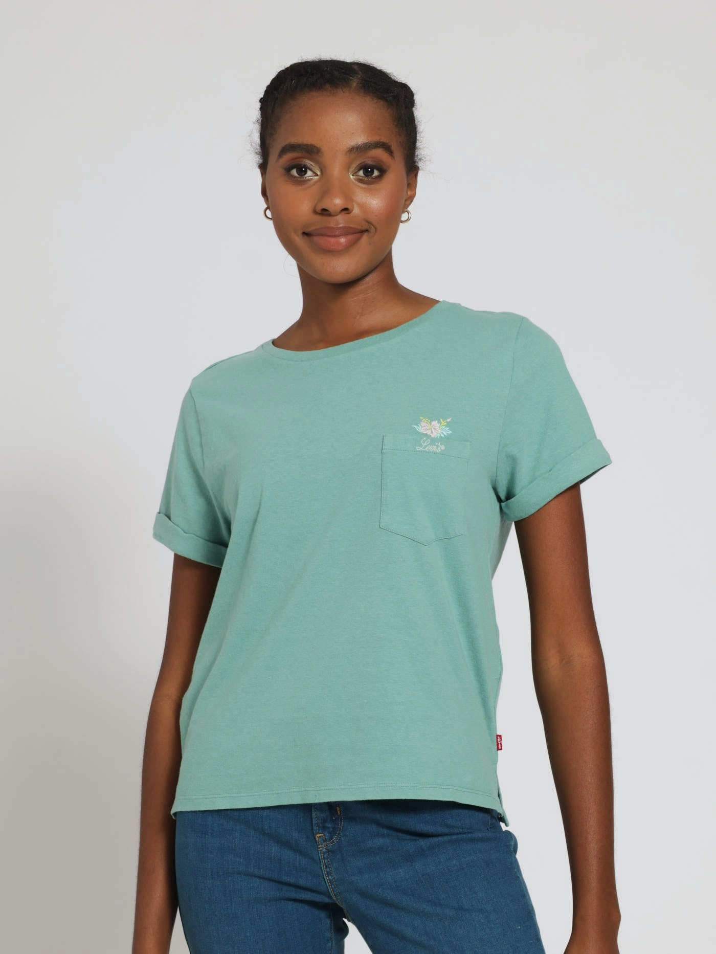 Hibiscus Peek Beryl Margot Pocket Tee  - Teal Vintage Pullover RibbedTexture