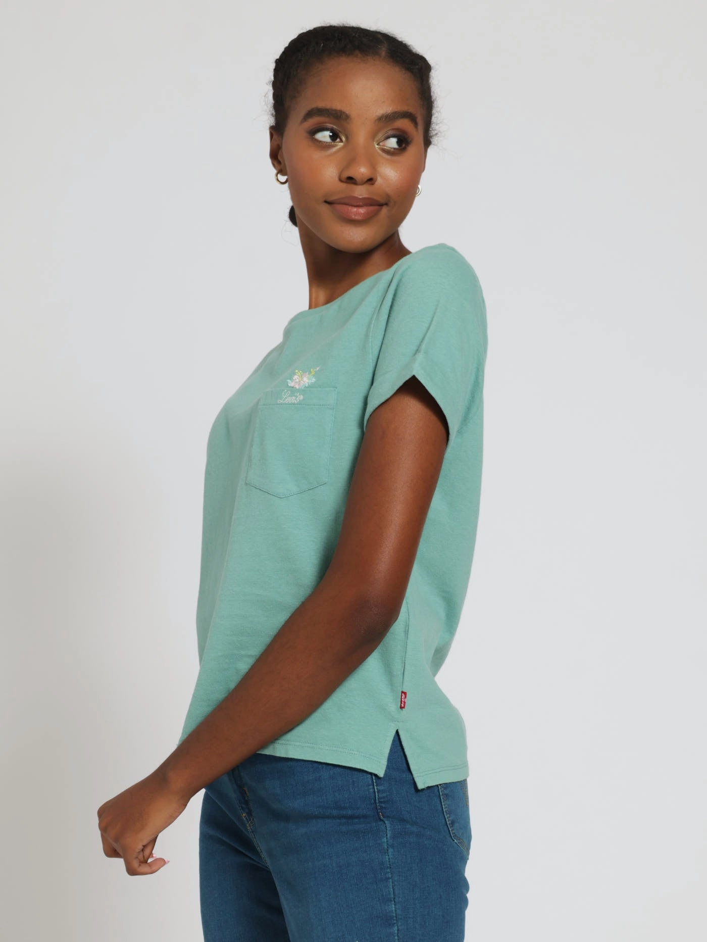 LowMaintenanceFabric Hibiscus Peek Beryl Margot Pocket Tee  - Teal