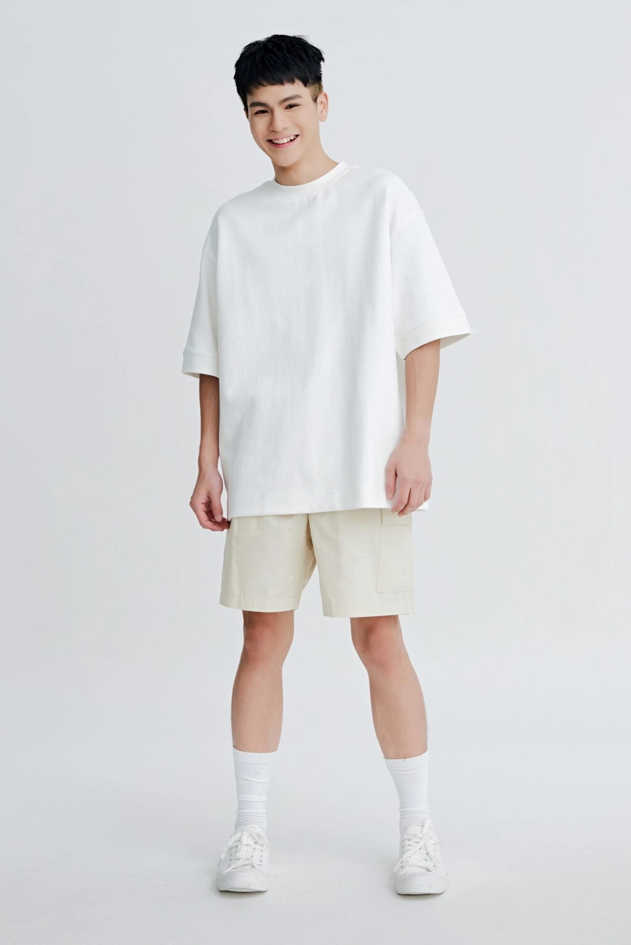 (C) Oversized Fit Heavyweight Tee - Cream Two Tone Weave