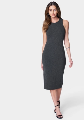 High Neck Midi Rib Dress Casual Mode