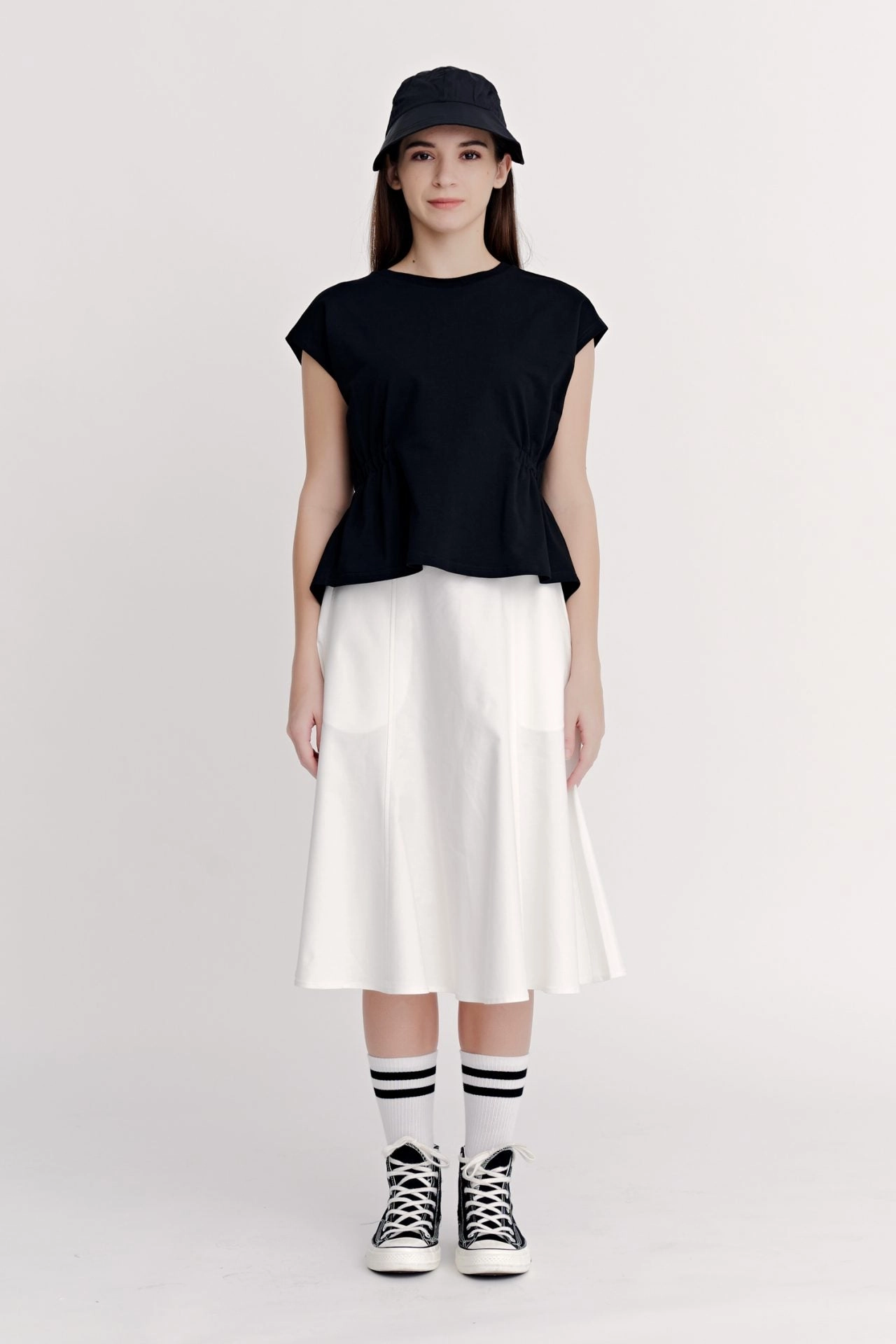 Subtle Finish Contrast Panel Seam Detail Circular Skirt - Cream