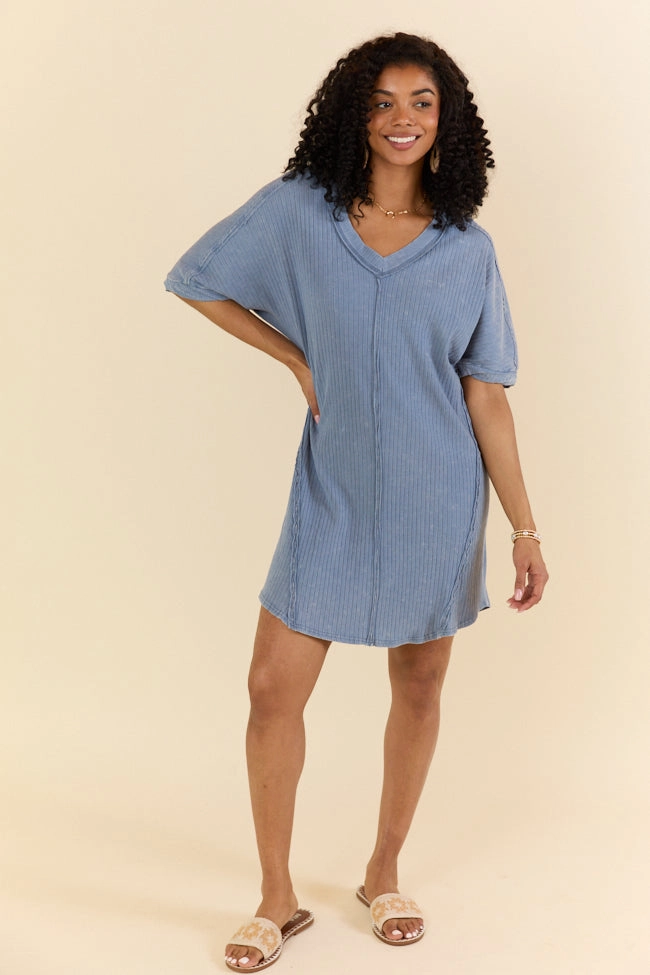Light Blend Spring-Season High Temperatures Blue Acid Wash Knit Dress FINAL SALE
