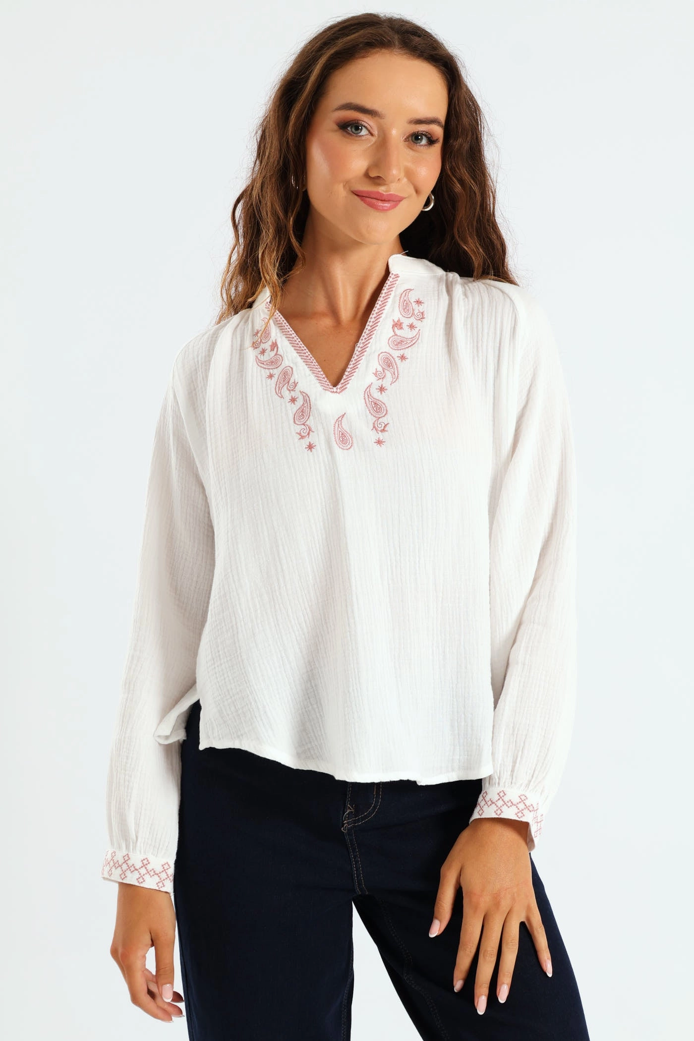 QuickPackFoldableDesign TearResistantWeave V-Neck Embroidered Peasant Blouse - Off White