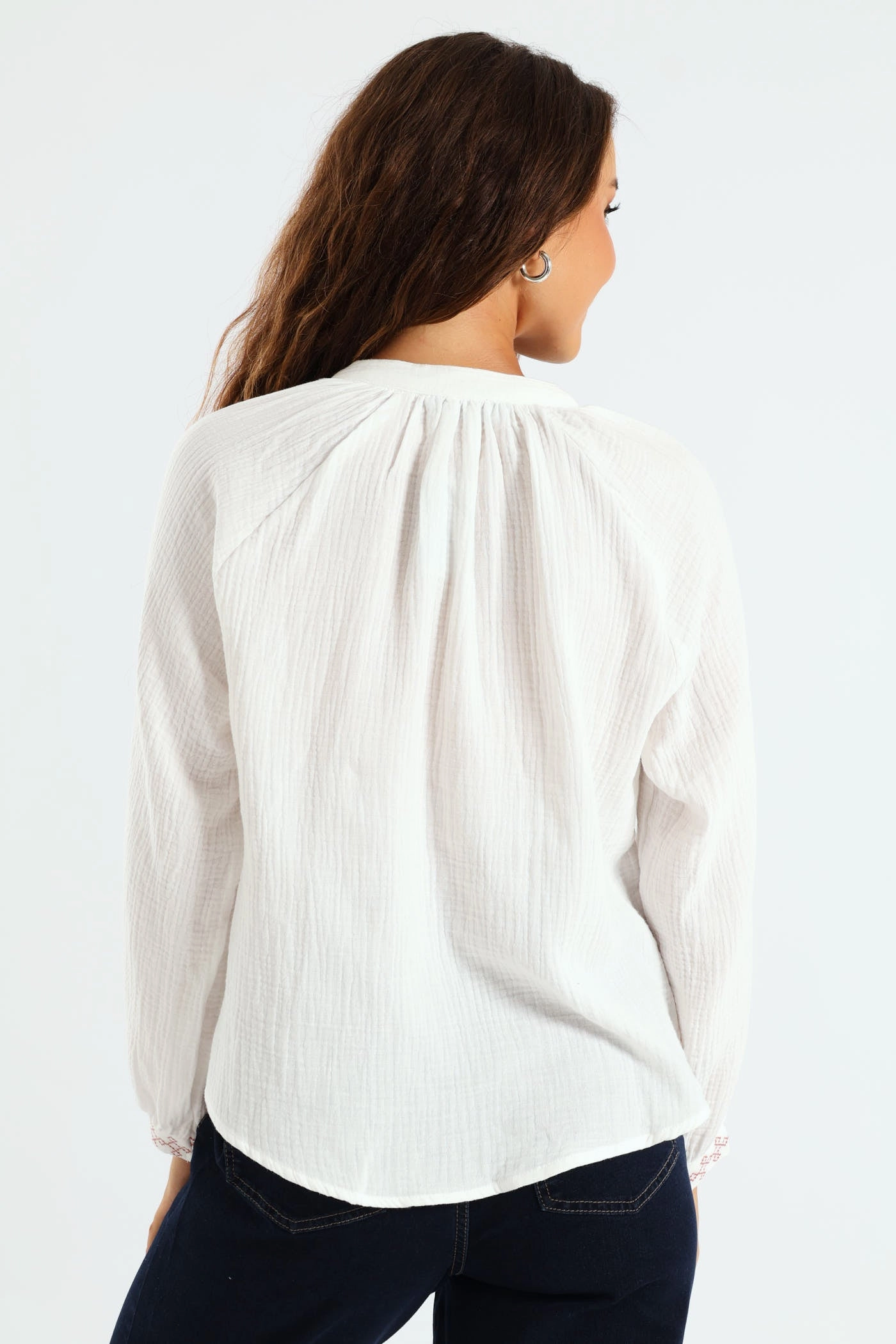 Sporty Top V-Neck Embroidered Peasant Blouse - Off White
