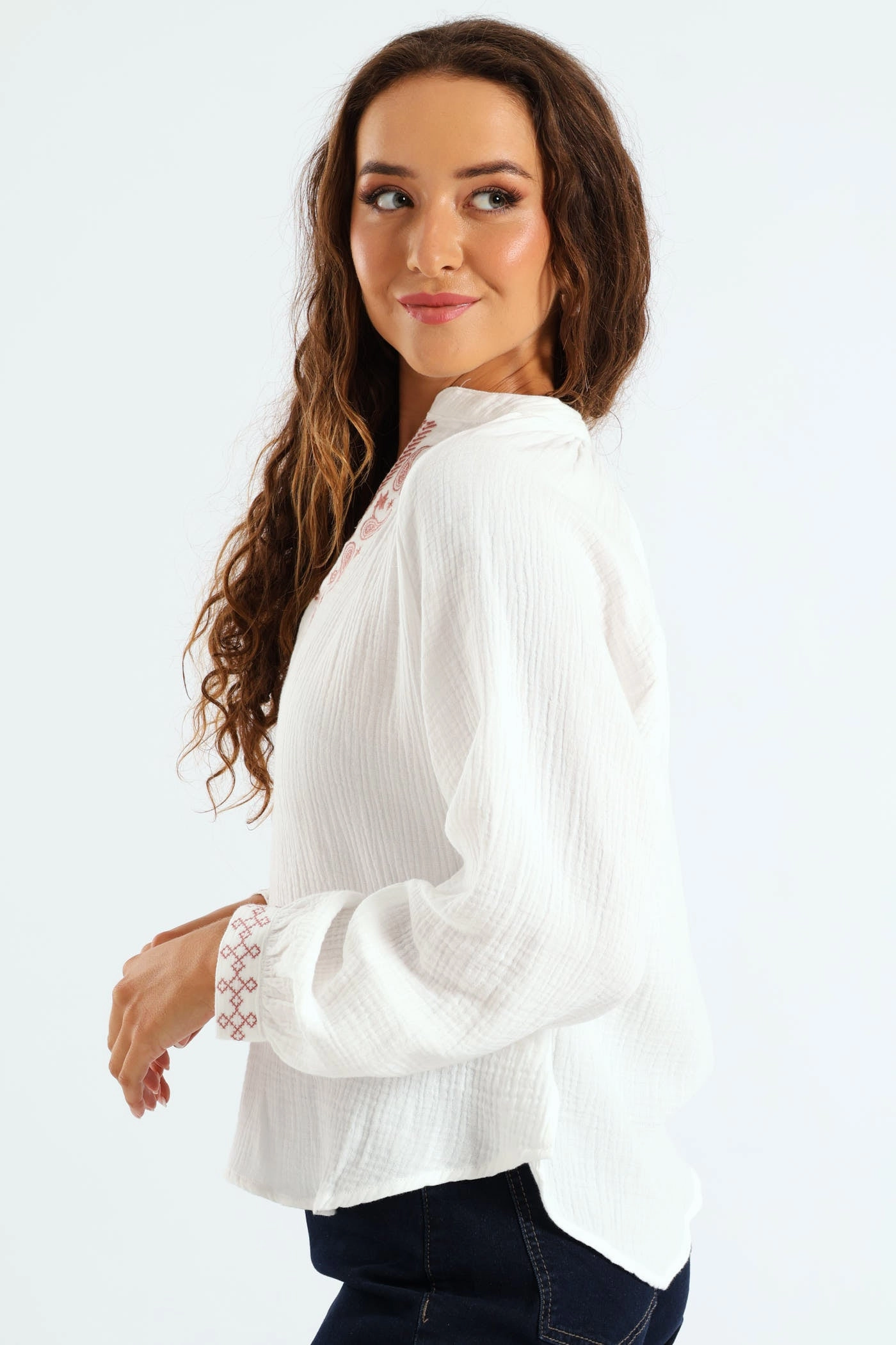 LightReflectiveTrim V-Neck Embroidered Peasant Blouse - Off White