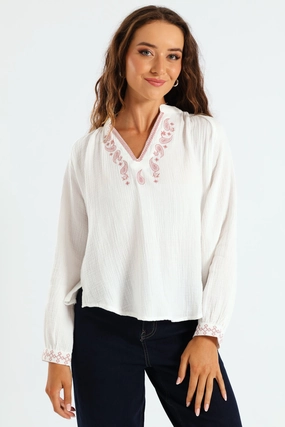 V-Neck Embroidered Peasant Blouse - Off White NonRestrictiveCollar Odor Neutralizing Technology