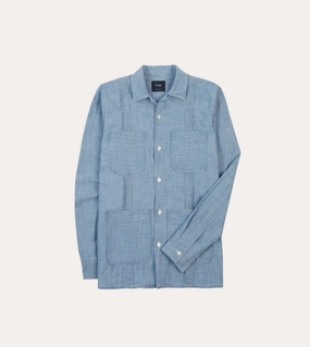 Breathable Layer Smooth Texture Bleach Wash Chambray Cotton Long Sleeve Cuban Shirt