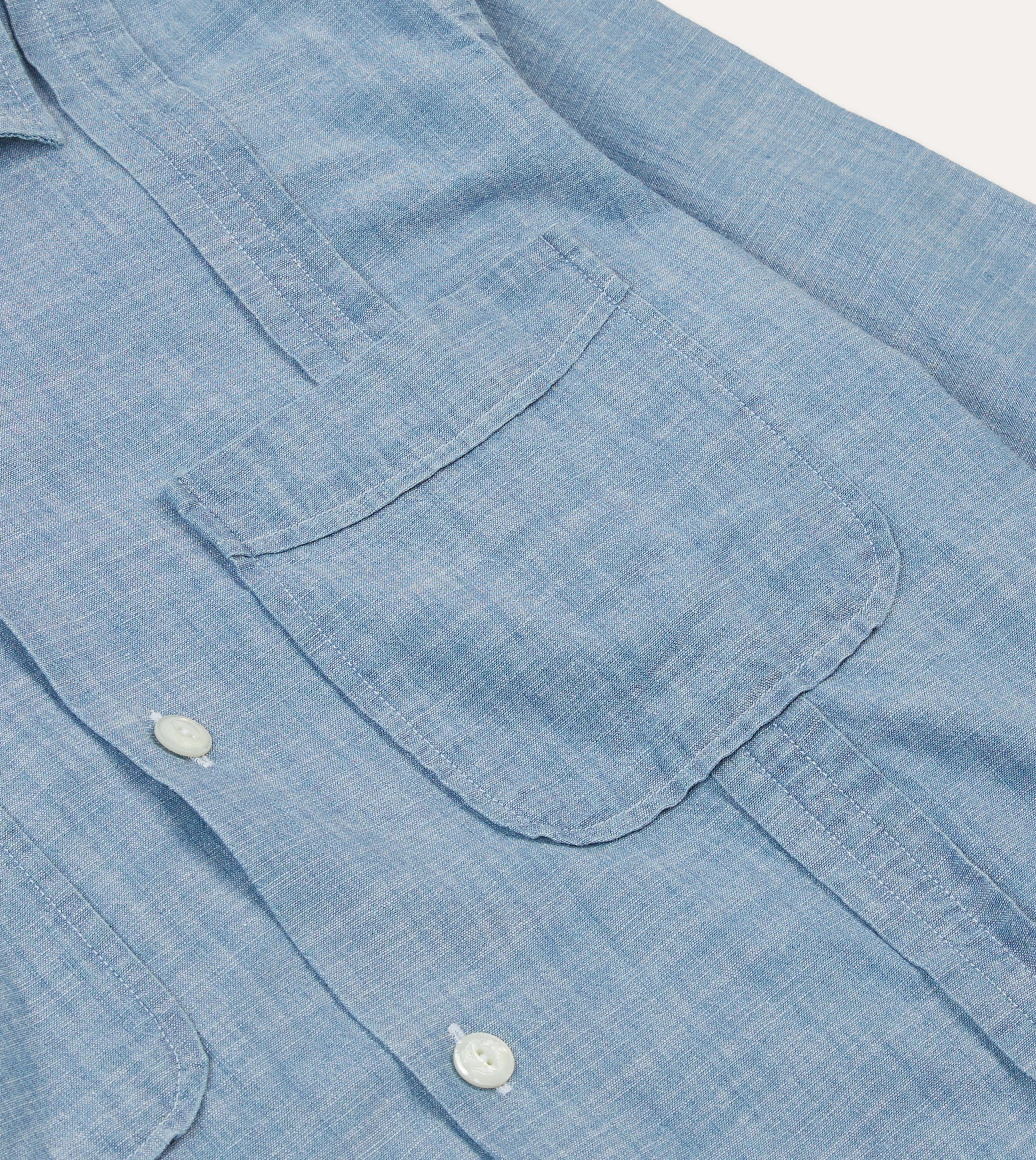 Standalone Option Bleach Wash Chambray Cotton Long Sleeve Cuban Shirt