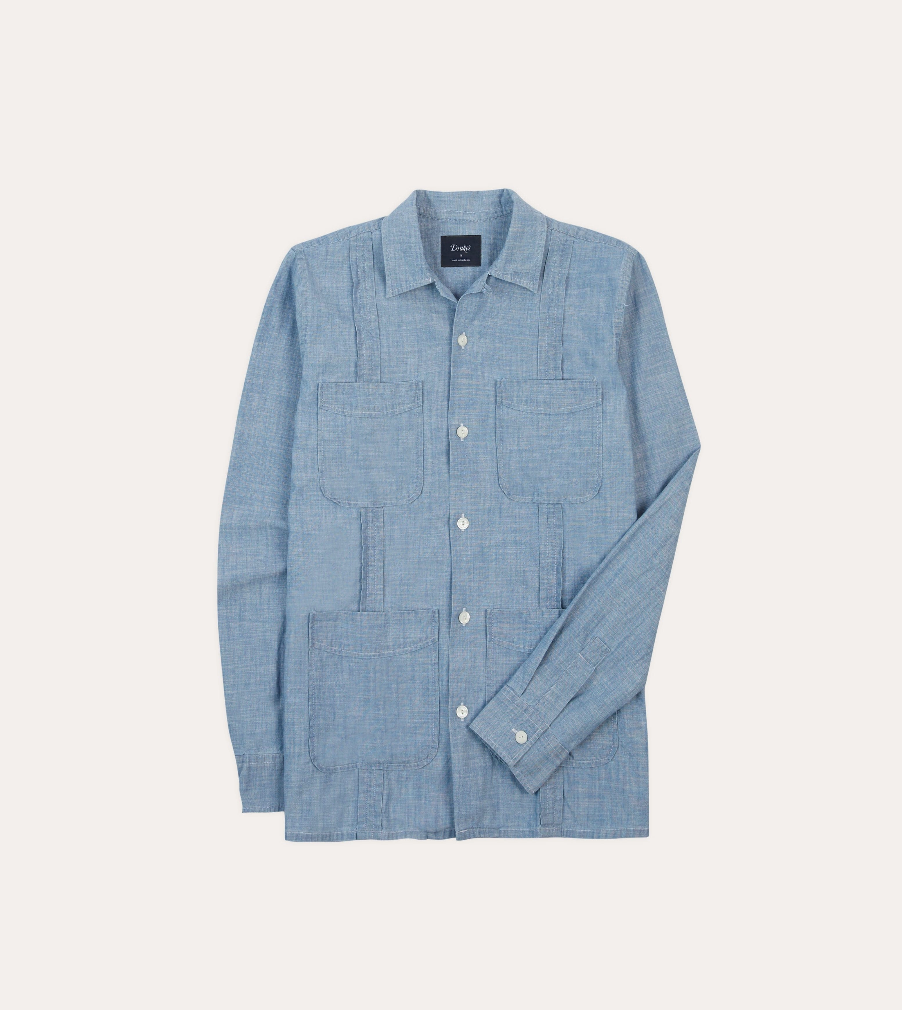 Breathable Layer Smooth Texture Bleach Wash Chambray Cotton Long Sleeve Cuban Shirt