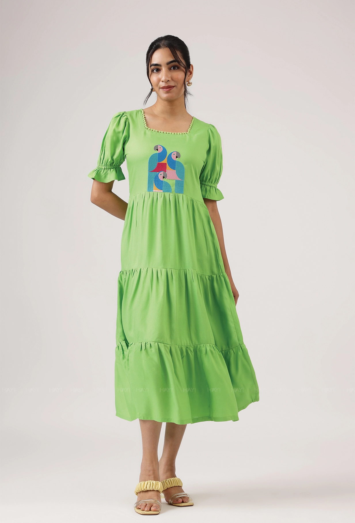 Hushed Green with Cubist Parrot embroidery Viscose Dress Radiant Mood Tulle Flow