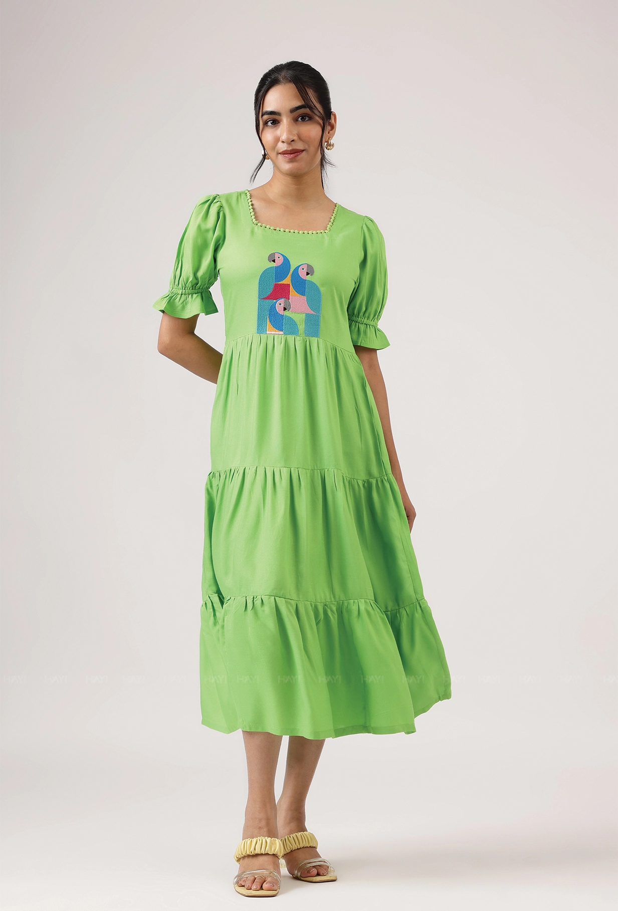 Euro Touch Hushed Green with Cubist Parrot embroidery Viscose Dress