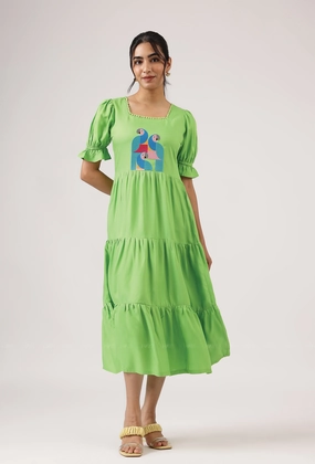 Hushed Green with Cubist Parrot embroidery Viscose Dress Classic Layering