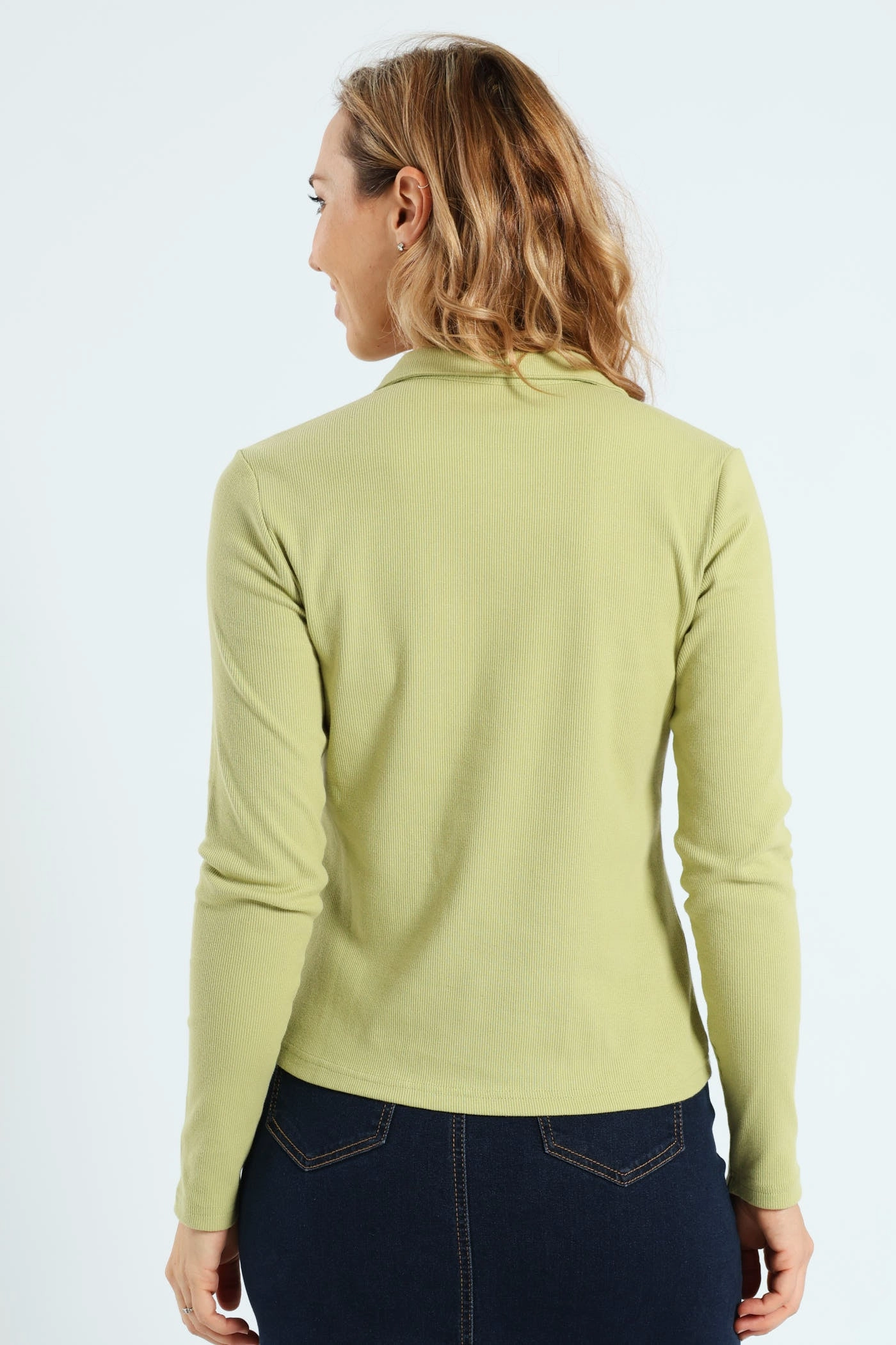 Long Sleeve Collar Button Through Rib Tee - Matcha Tear Resistant Weave High Collar Option