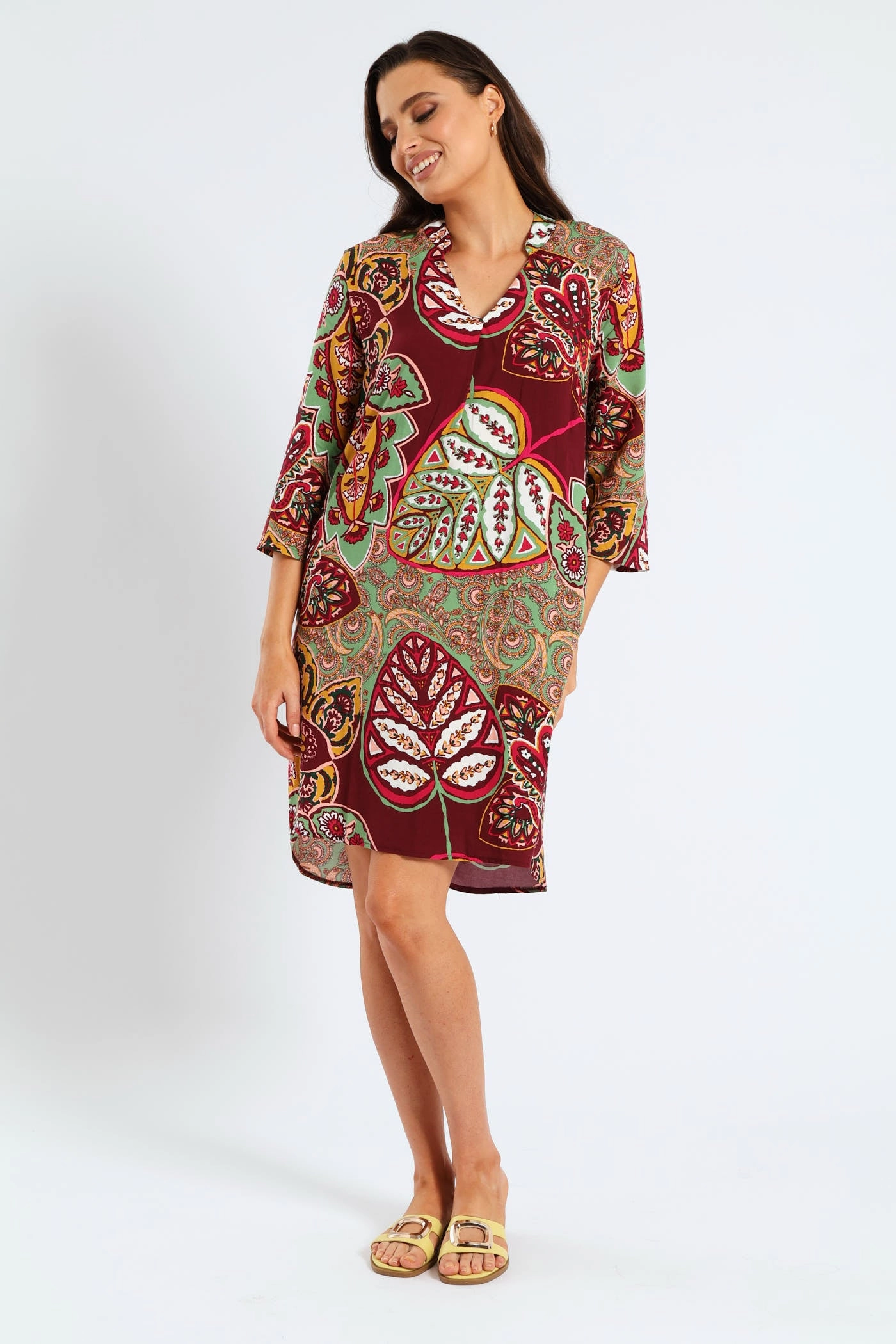Breeze Flow Mandarin Collar Pleat Front Printed Shift Dress - Multi