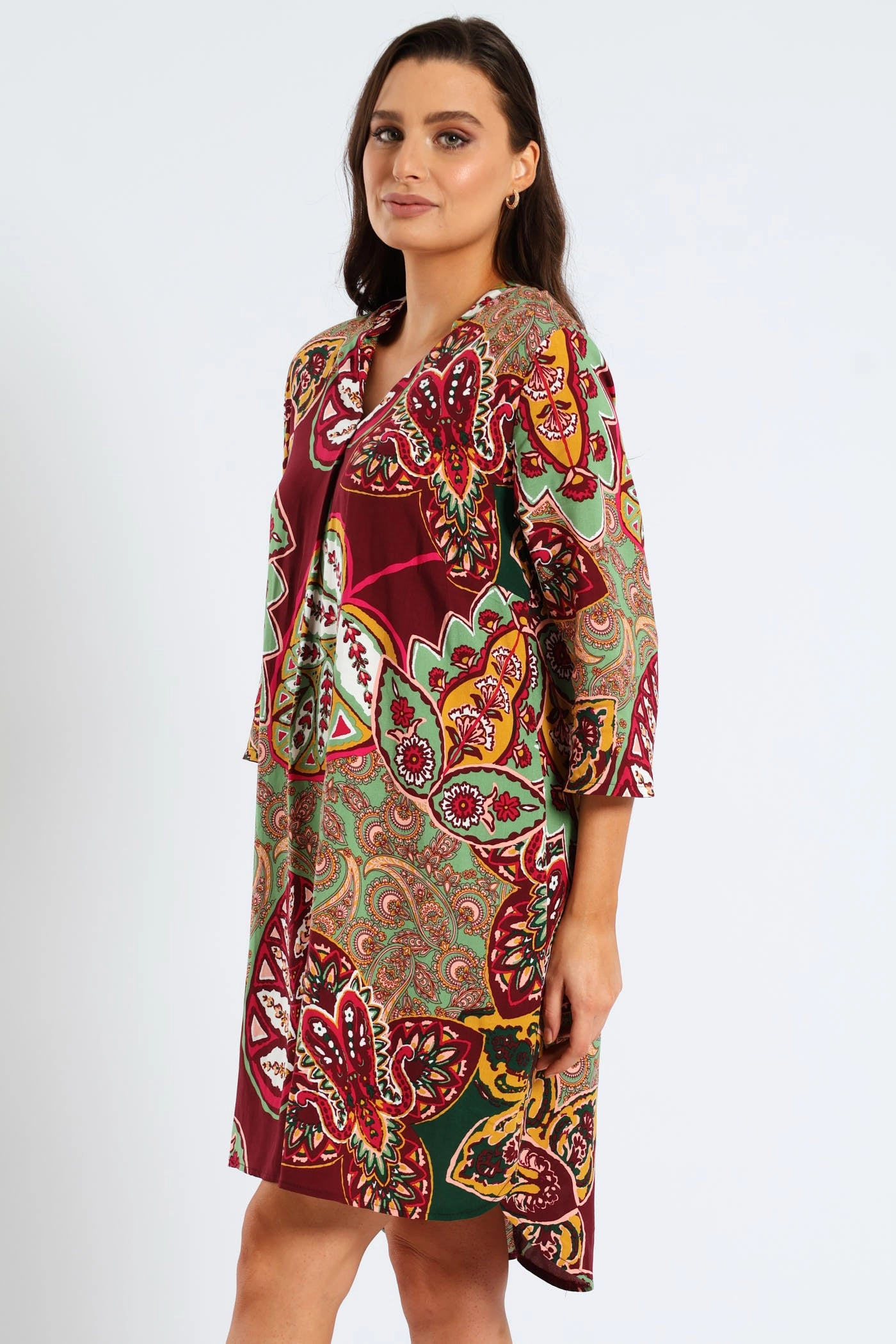 Vibrant Form Contemporary Look Mandarin Collar Pleat Front Printed Shift Dress - Multi