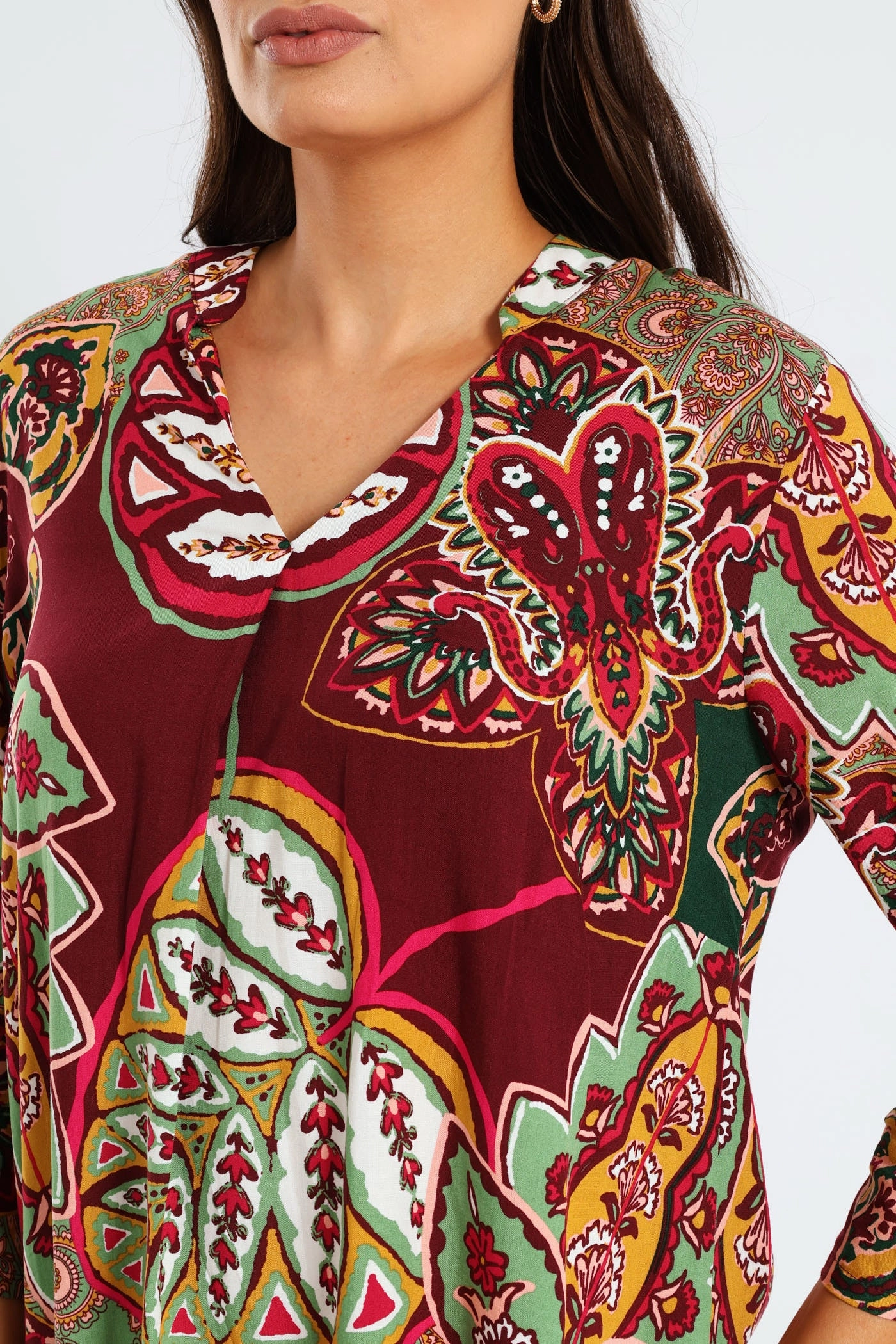 Mandarin Collar Pleat Front Printed Shift Dress - Multi Fashion Essential