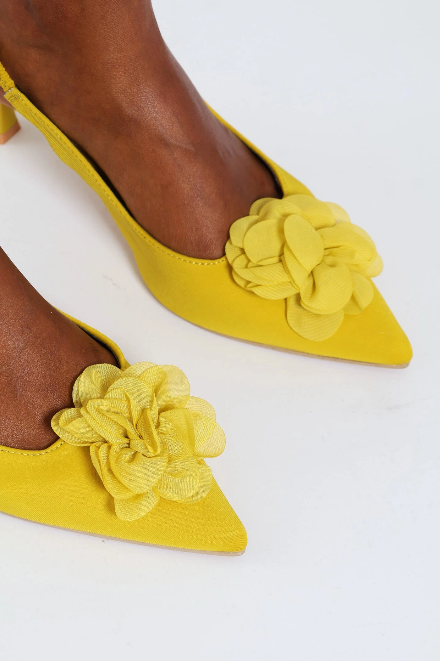 Chiffon Flower Slingback Kitten Heel - Chartreuse Enhanced Mobility Open Back Heels