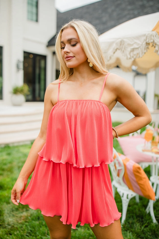 In the Afterglow Hot Coral Pleated Romper FINAL SALE Satin Glow Street Mode
