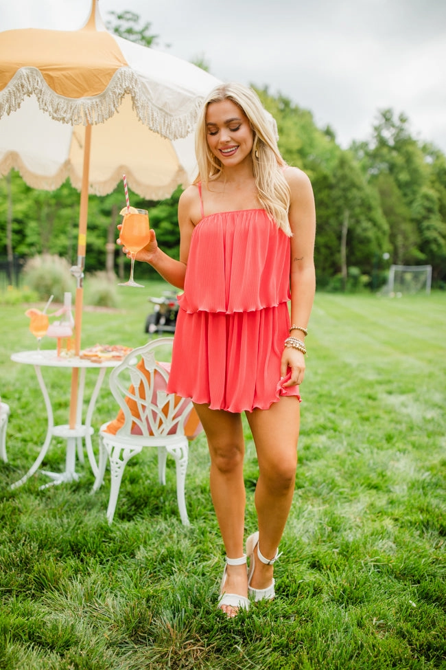 In the Afterglow Hot Coral Pleated Romper FINAL SALE Bride Side Formal Choice