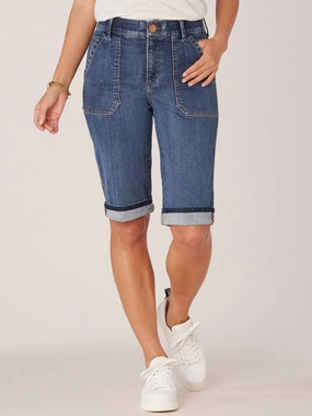 Indigo Denim "Ab"solution High Rise Cuffed Hem Repreve Bermuda Short Unfaded Hemline Minimalist Elegant