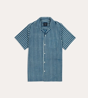 High-End Fashion Indigo Stripe Block Print Cotton Camp Collar Short Sleeve Shirt